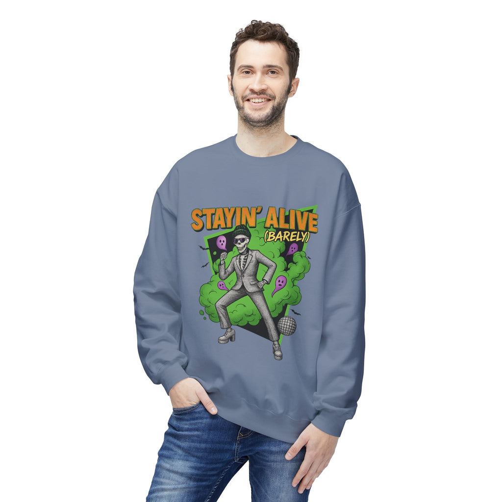 Stayin’ Alive (Barely) 2 - Crewneck Unisex Sweatshirt - Cozy Halloween Apparel
