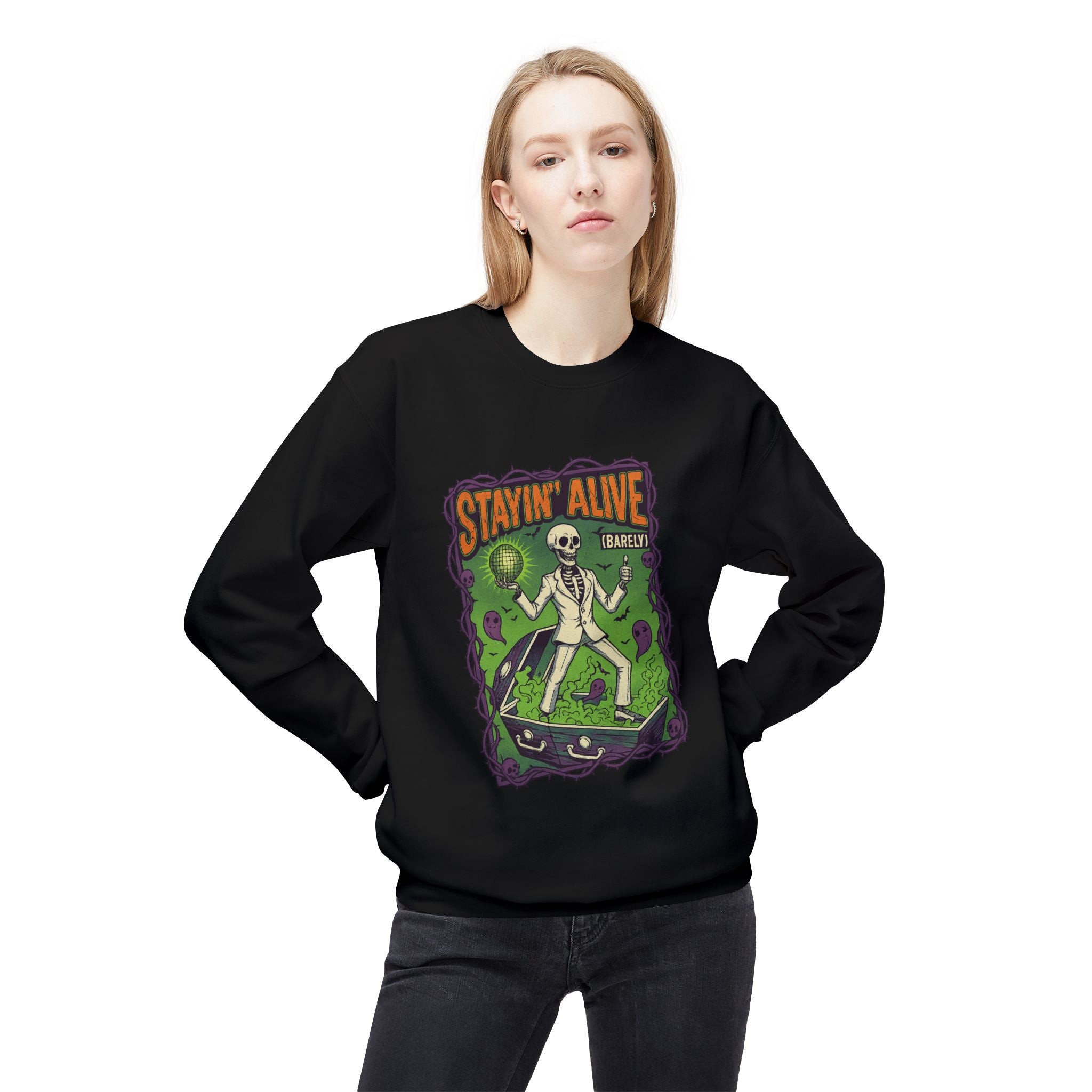 Stayin’ Alive (Barely) 1 - Crewneck Unisex Sweatshirt - Cozy Halloween Apparel