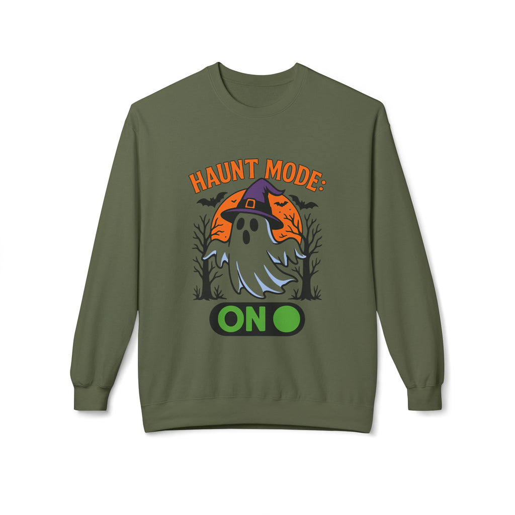 Haunt Mode ON 3_White - Crewneck Unisex Sweatshirt - Cozy Halloween Apparel