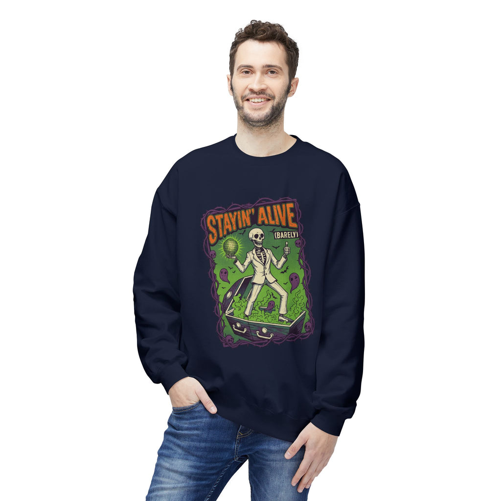Stayin’ Alive (Barely) 1 - Crewneck Unisex Sweatshirt - Cozy Halloween Apparel