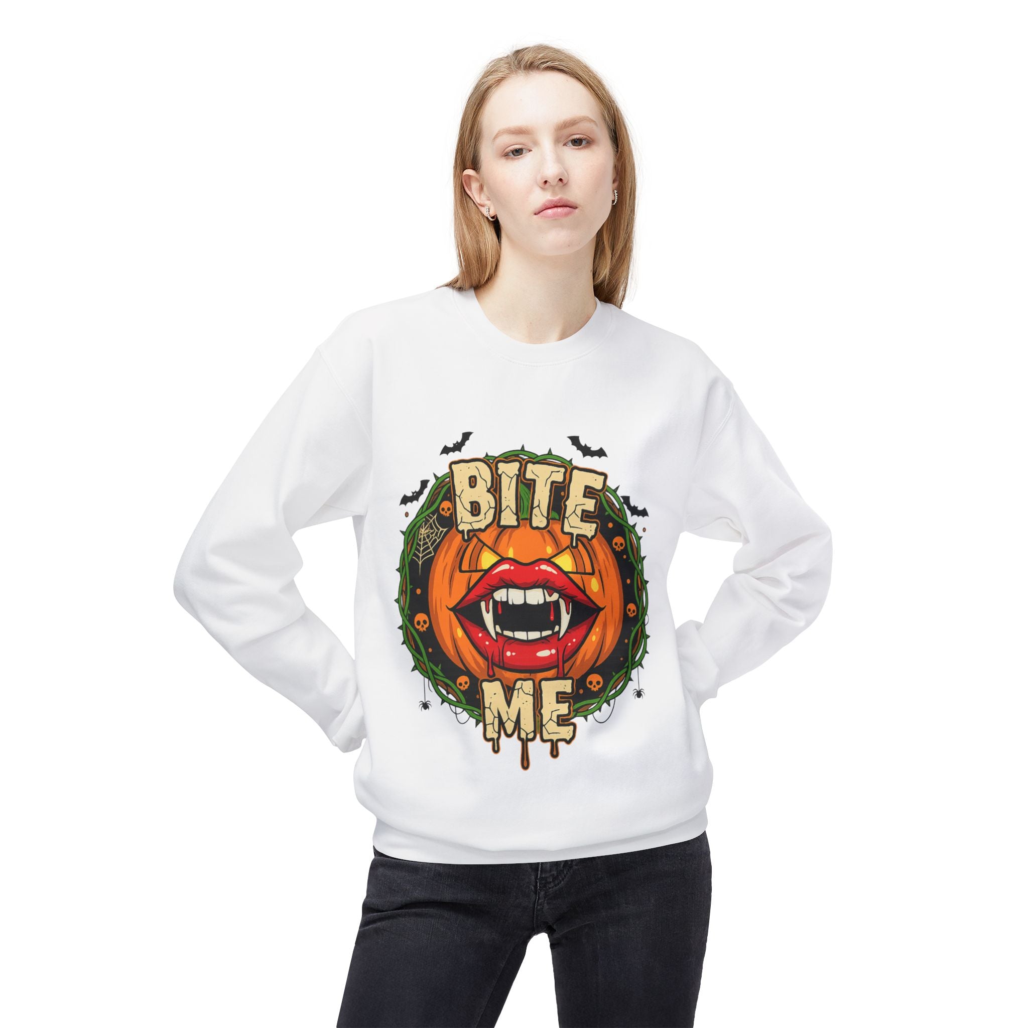 Bite Me 1 - Gothic Witch Crewneck Unisex Sweatshirt - Cozy Halloween Apparel