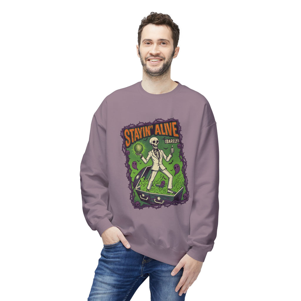 Stayin’ Alive (Barely) 1 - Crewneck Unisex Sweatshirt - Cozy Halloween Apparel