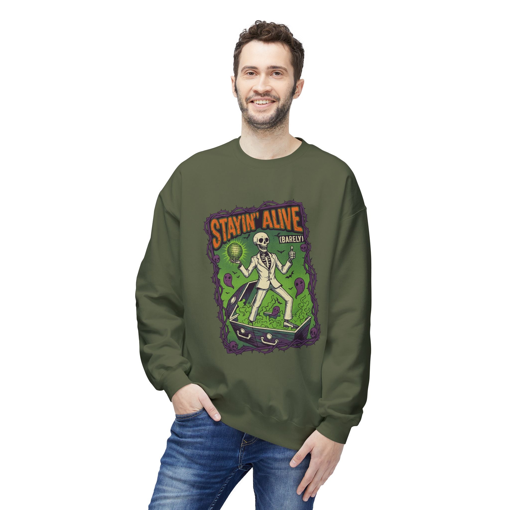 Stayin’ Alive (Barely) 1 - Crewneck Unisex Sweatshirt - Cozy Halloween Apparel