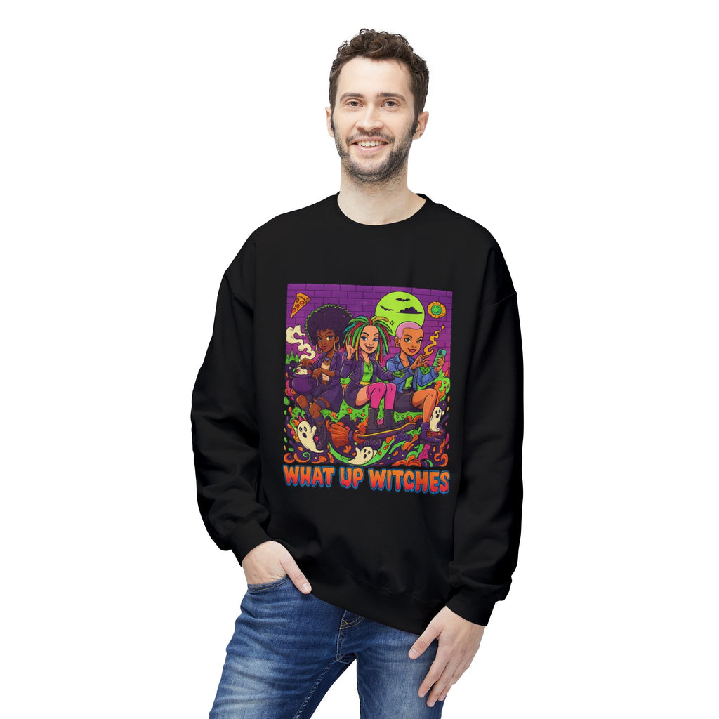 What Up Witches 1 - Crewneck Unisex Sweatshirt - Cozy Halloween Apparel