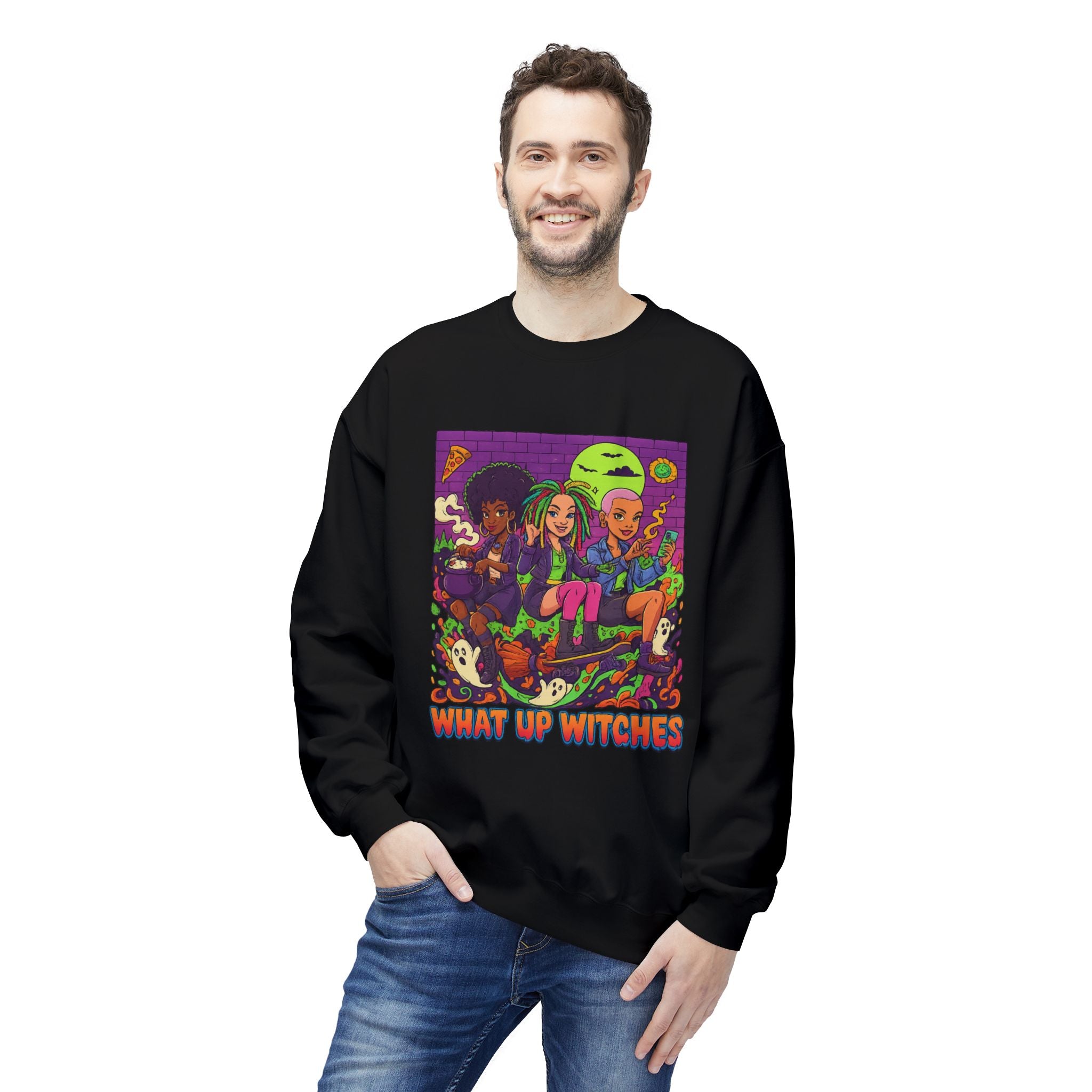 What Up Witches 1 - Crewneck Unisex Sweatshirt - Cozy Halloween Apparel