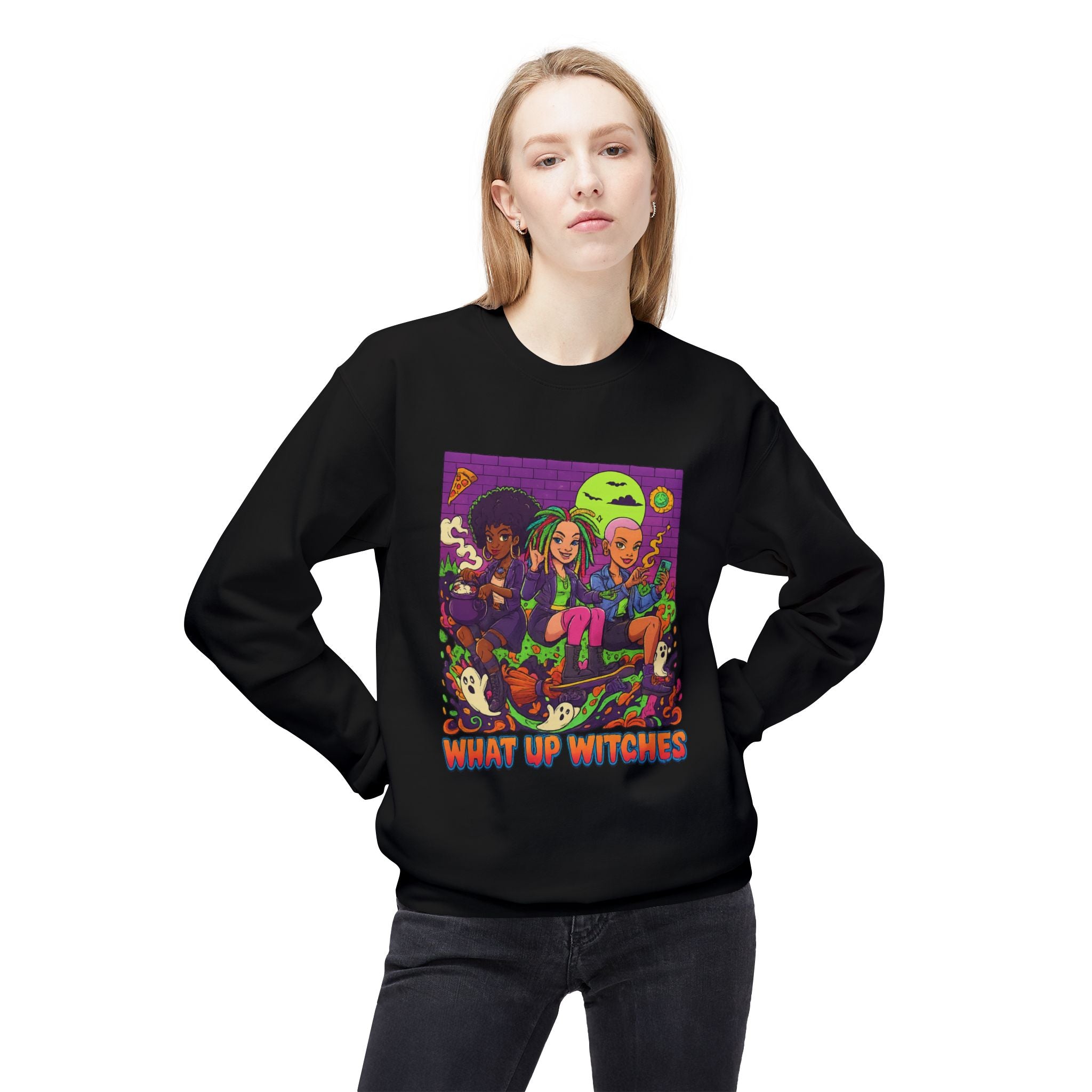 What Up Witches 1 - Crewneck Unisex Sweatshirt - Cozy Halloween Apparel