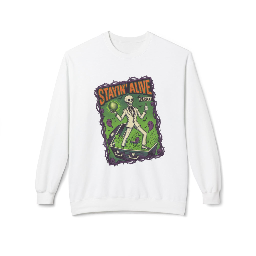 Stayin’ Alive (Barely) 1 - Crewneck Unisex Sweatshirt - Cozy Halloween Apparel