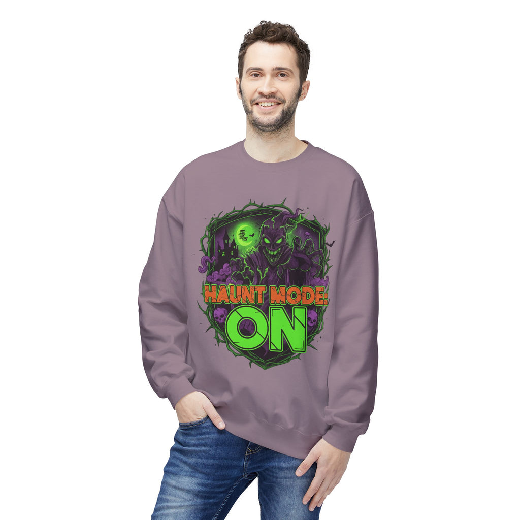 Haunt Mode ON 1 - Crewneck Unisex Sweatshirt - Cozy Halloween Apparel