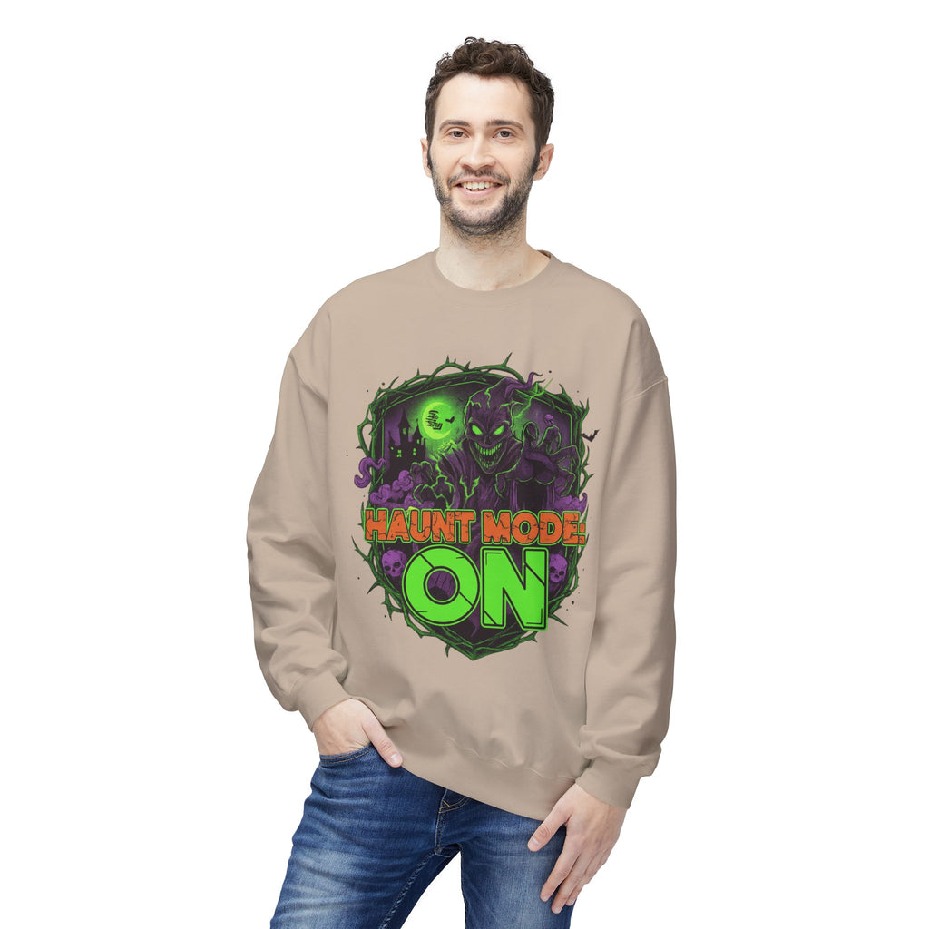 Haunt Mode ON 1 - Crewneck Unisex Sweatshirt - Cozy Halloween Apparel