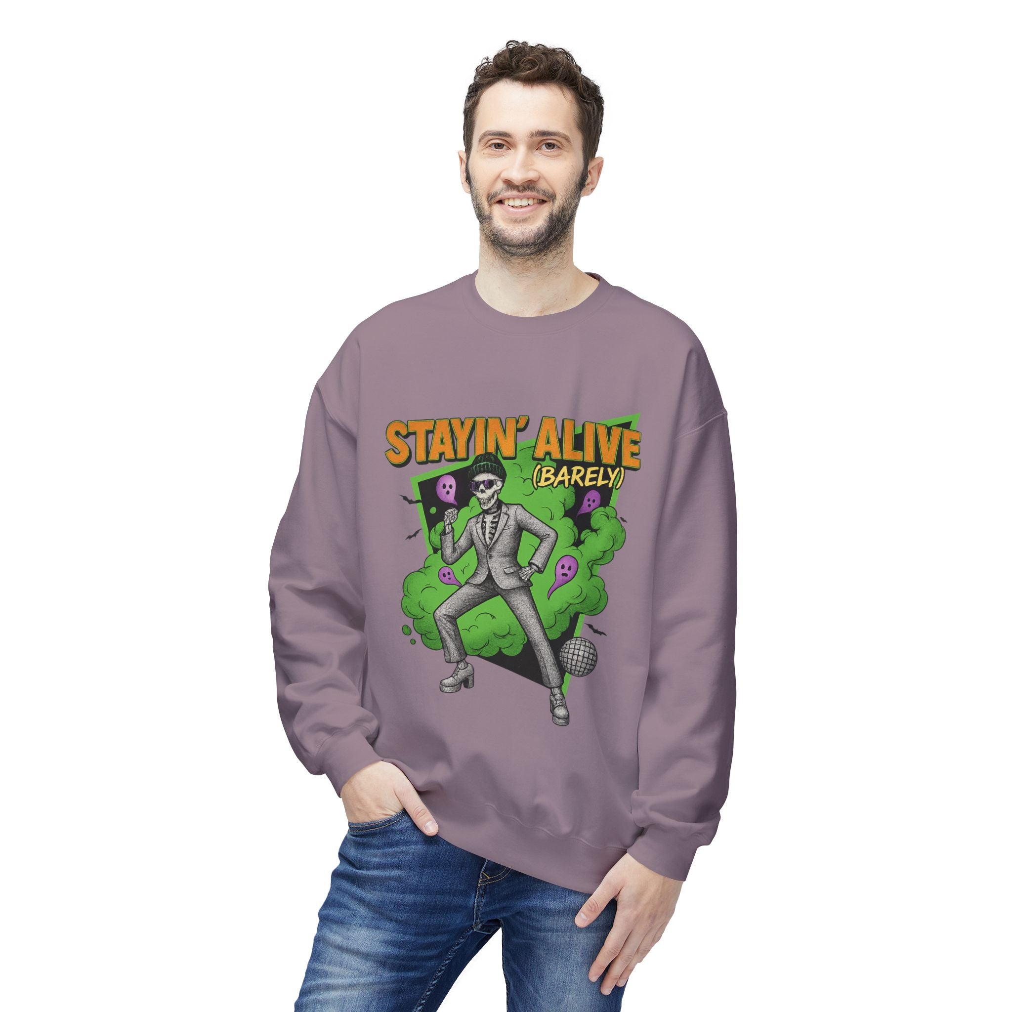 Stayin’ Alive (Barely) 2 - Crewneck Unisex Sweatshirt - Cozy Halloween Apparel