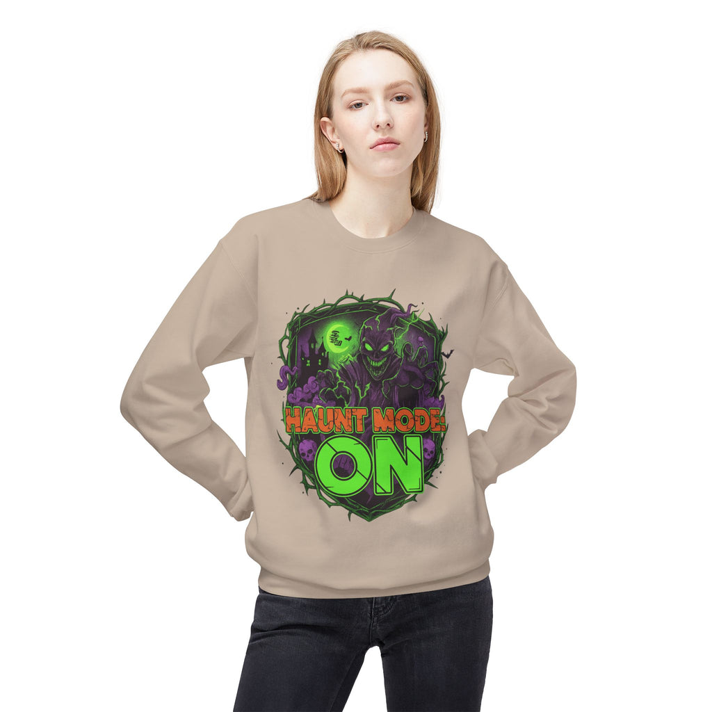 Haunt Mode ON 1 - Crewneck Unisex Sweatshirt - Cozy Halloween Apparel