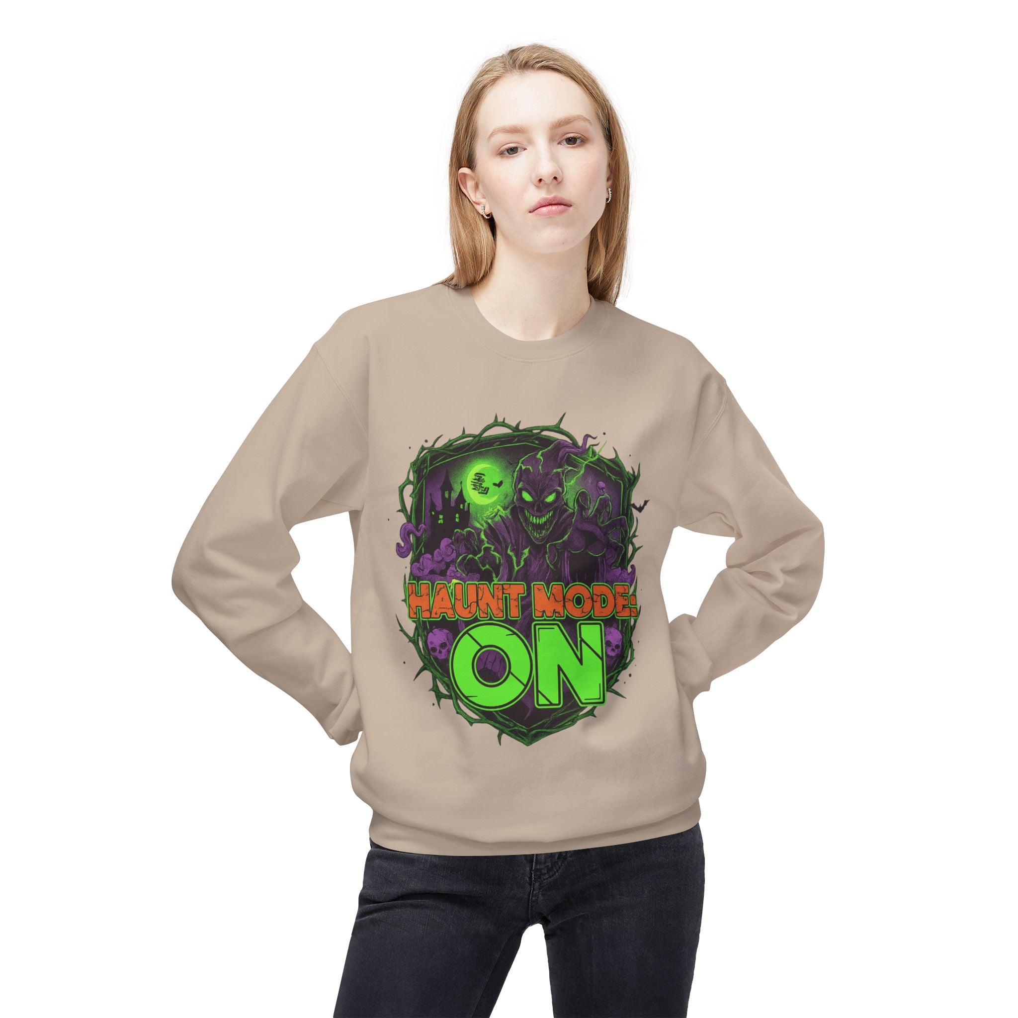 Haunt Mode ON 1 - Crewneck Unisex Sweatshirt - Cozy Halloween Apparel