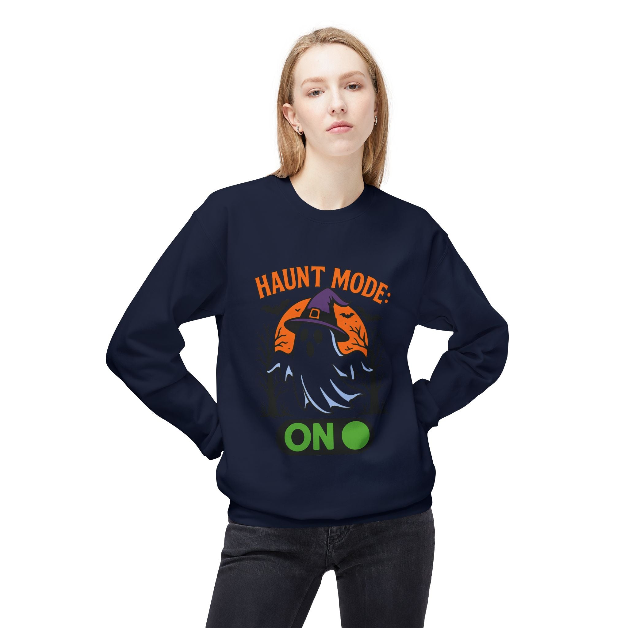 Haunt Mode ON 3_White - Crewneck Unisex Sweatshirt - Cozy Halloween Apparel
