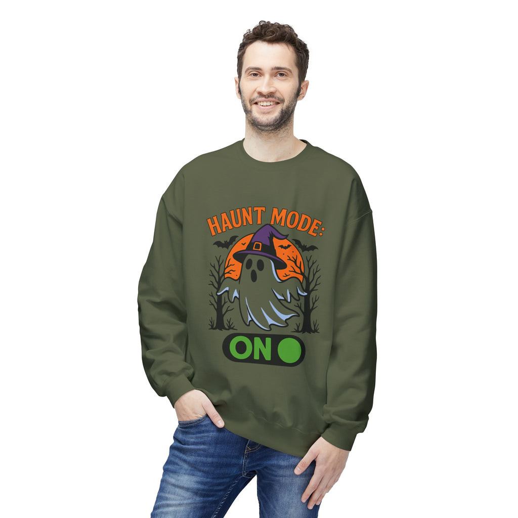 Haunt Mode ON 3_White - Crewneck Unisex Sweatshirt - Cozy Halloween Apparel
