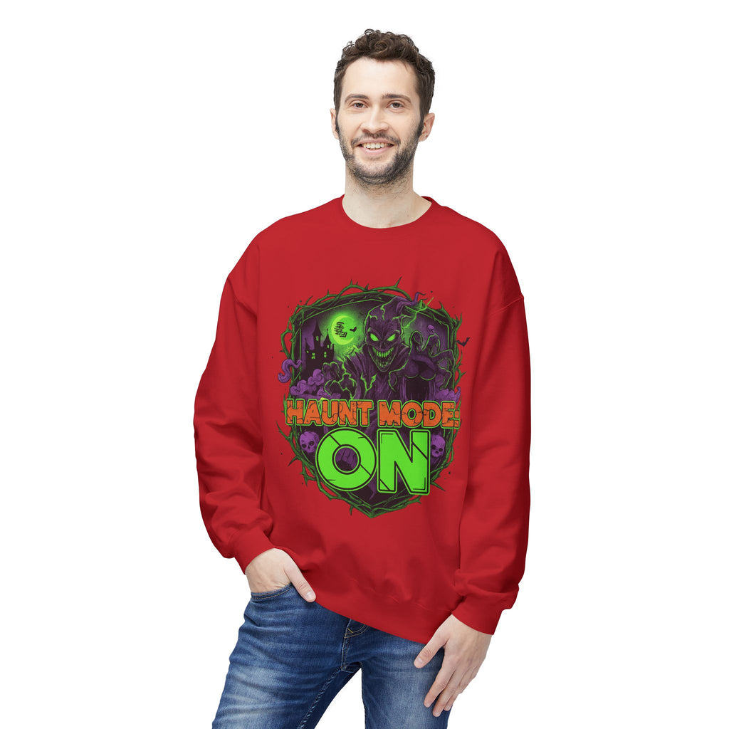 Haunt Mode ON 1 - Crewneck Unisex Sweatshirt - Cozy Halloween Apparel