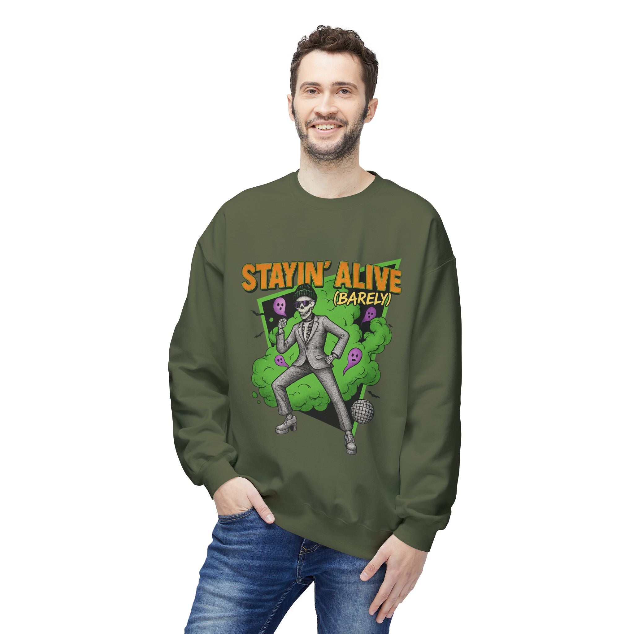Stayin’ Alive (Barely) 2 - Crewneck Unisex Sweatshirt - Cozy Halloween Apparel