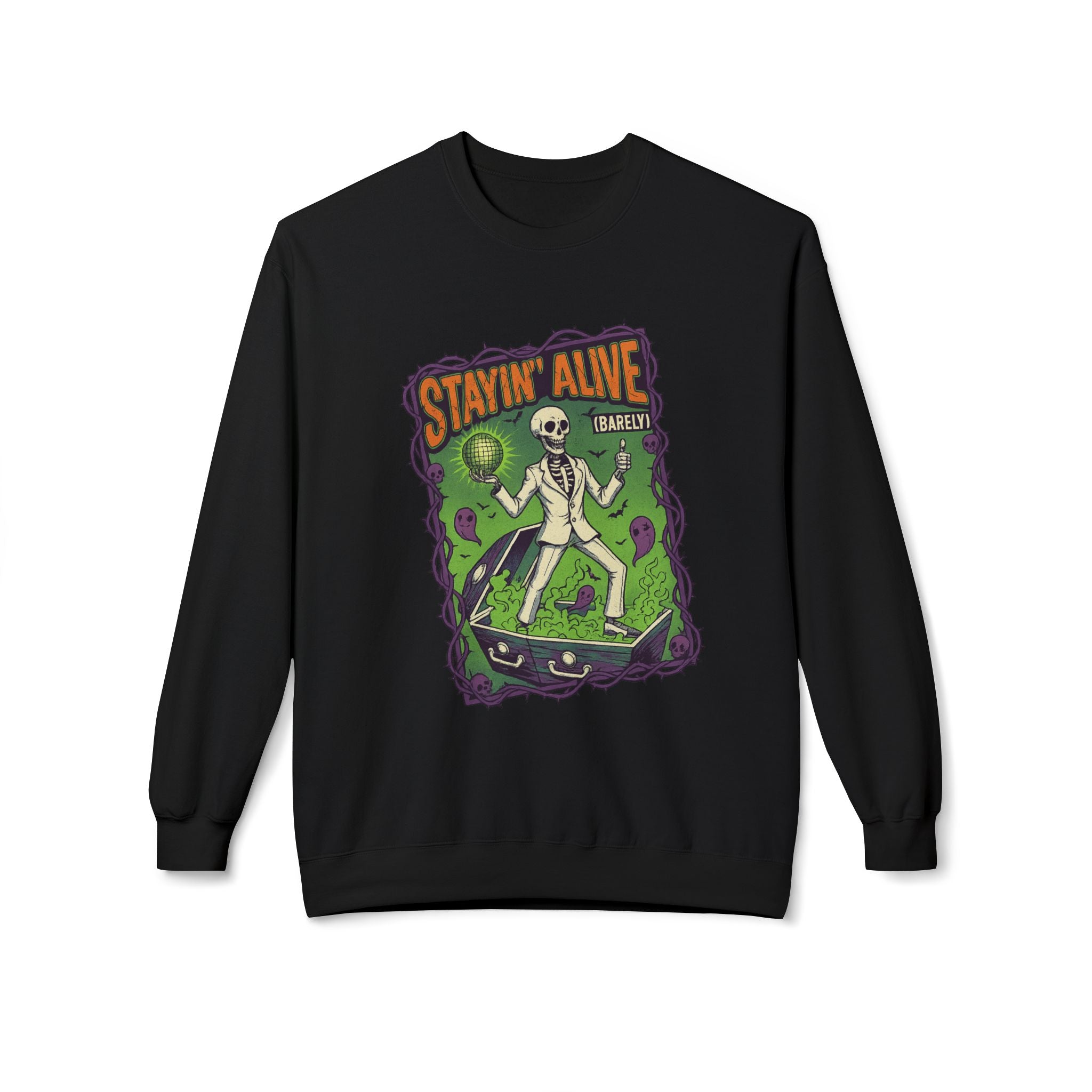 Stayin’ Alive (Barely) 1 - Crewneck Unisex Sweatshirt - Cozy Halloween Apparel