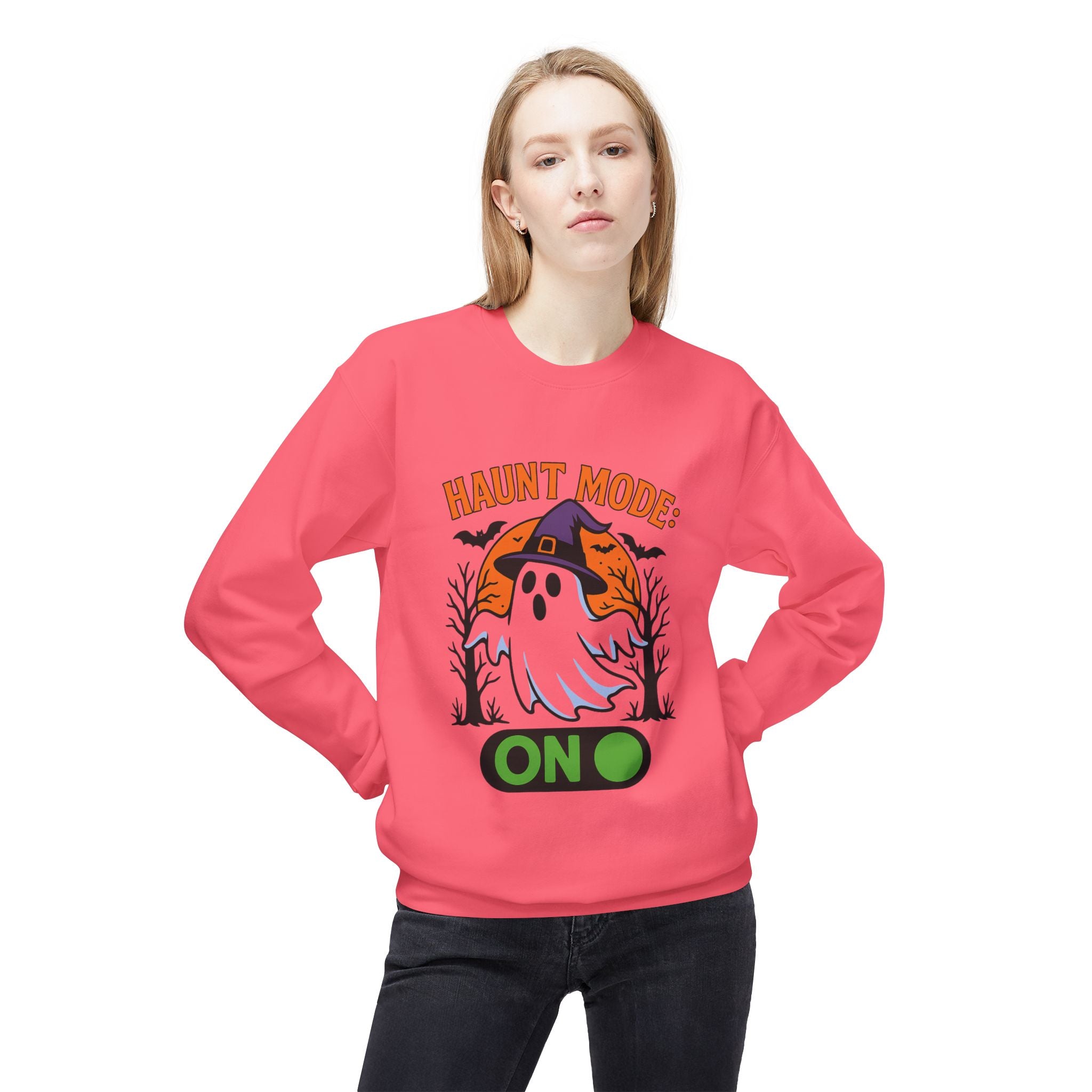 Haunt Mode ON 3_White - Crewneck Unisex Sweatshirt - Cozy Halloween Apparel