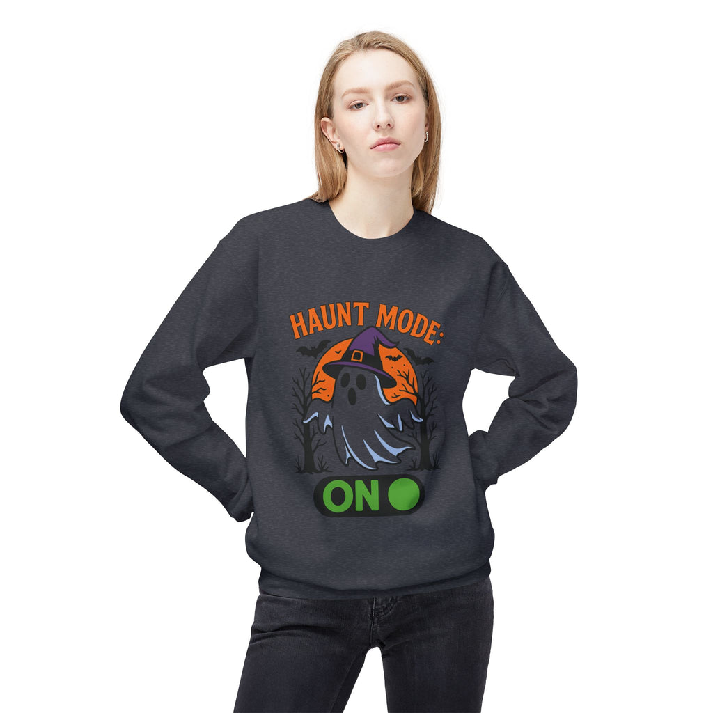 Haunt Mode ON 3_White - Crewneck Unisex Sweatshirt - Cozy Halloween Apparel