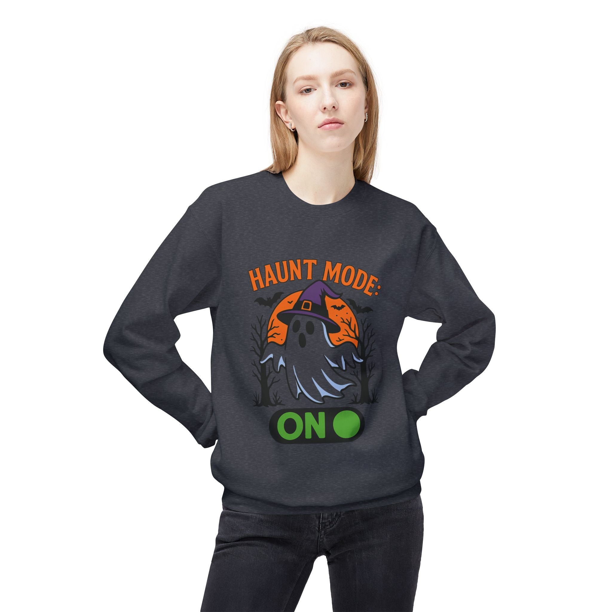 Haunt Mode ON 3_White - Crewneck Unisex Sweatshirt - Cozy Halloween Apparel