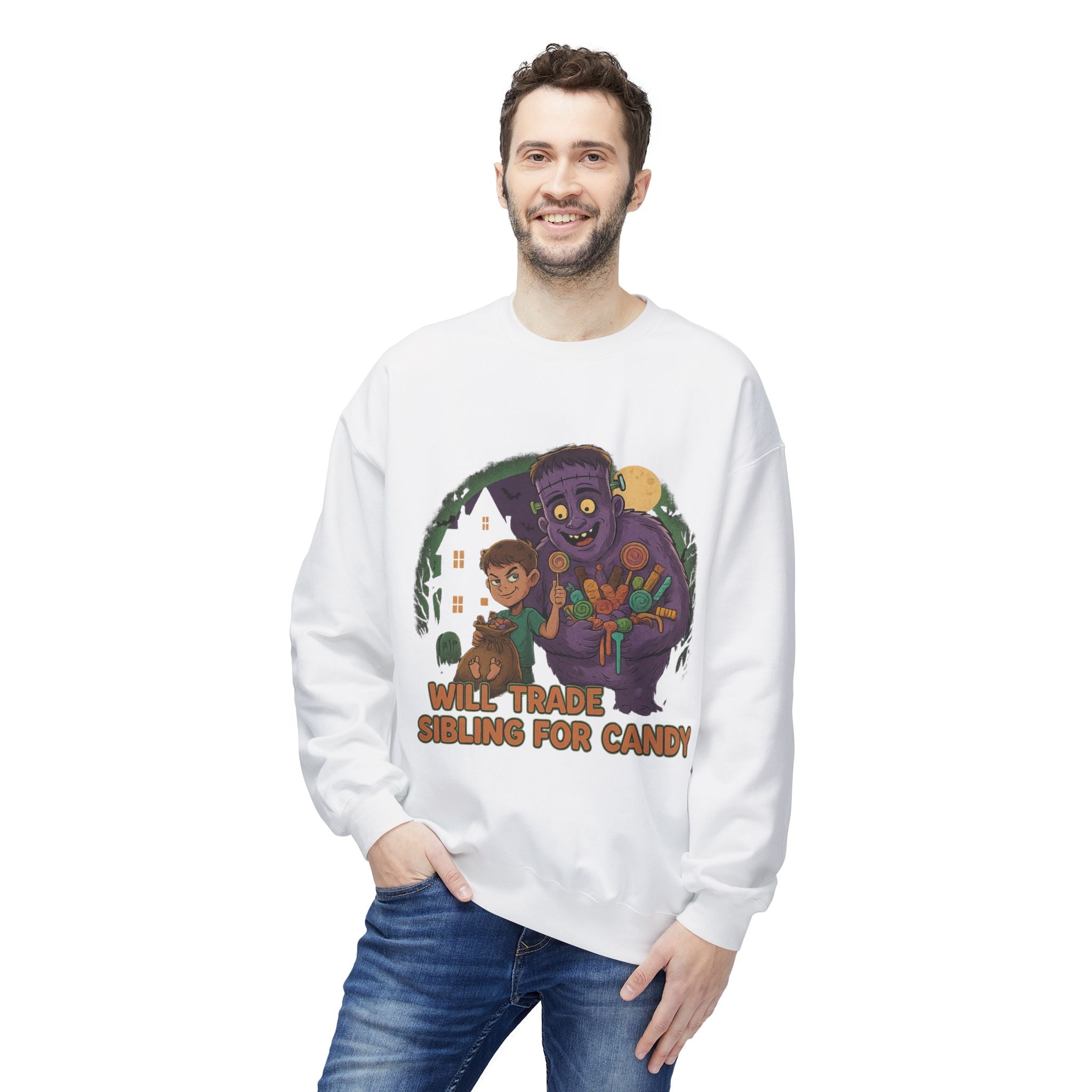 Will Trade Sibling for Candy 1 - Crewneck Unisex Sweatshirt - Cozy Halloween Apparel