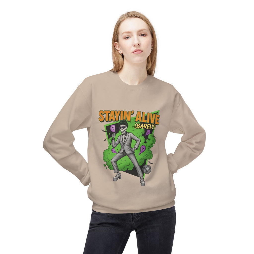 Stayin’ Alive (Barely) 2 - Crewneck Unisex Sweatshirt - Cozy Halloween Apparel