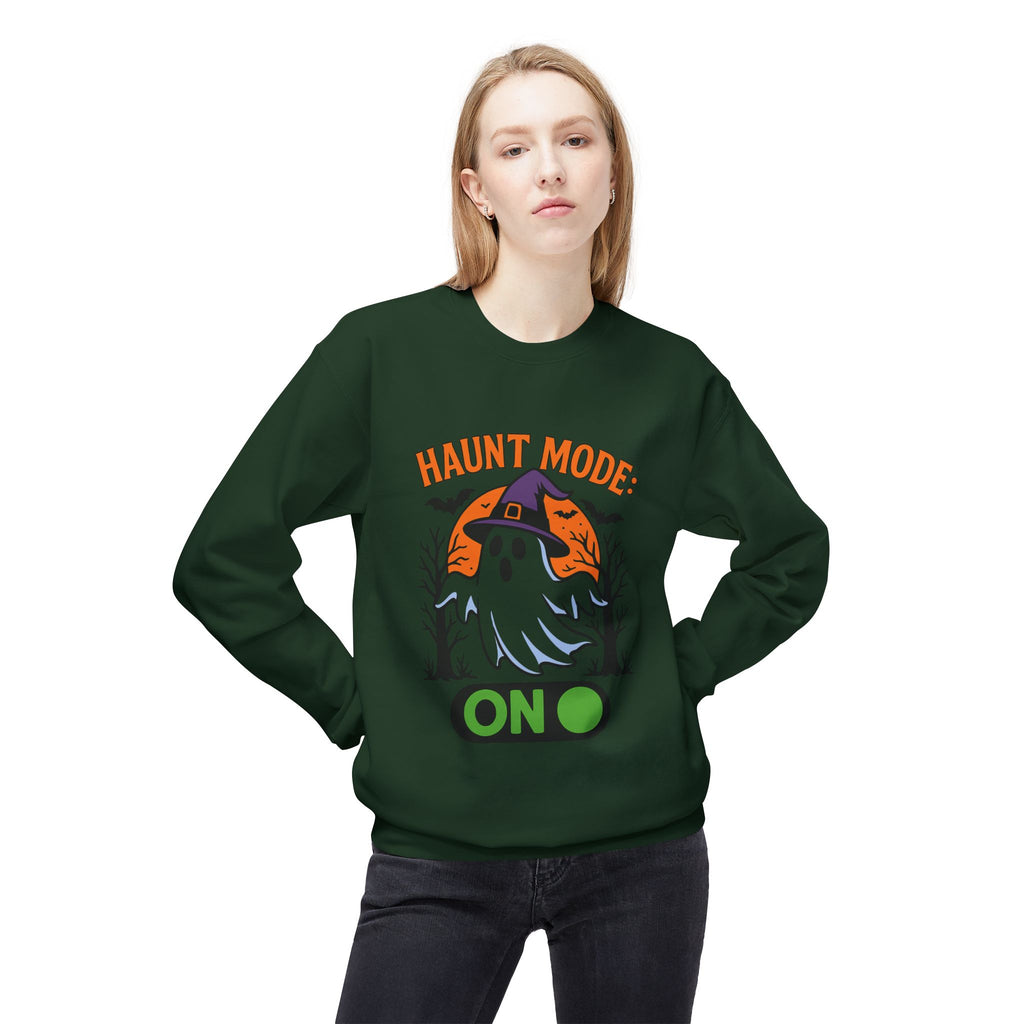 Haunt Mode ON 3_White - Crewneck Unisex Sweatshirt - Cozy Halloween Apparel