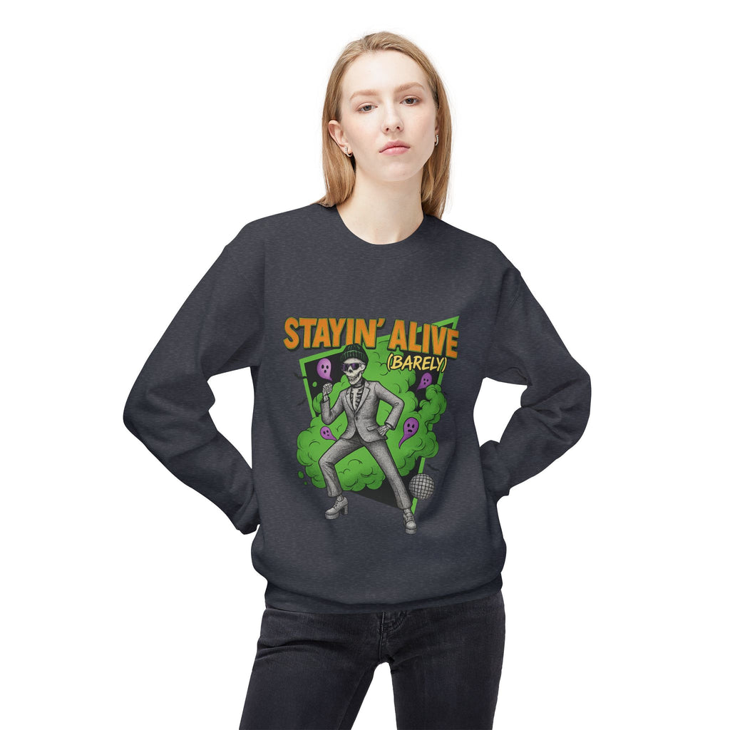 Stayin’ Alive (Barely) 2 - Crewneck Unisex Sweatshirt - Cozy Halloween Apparel