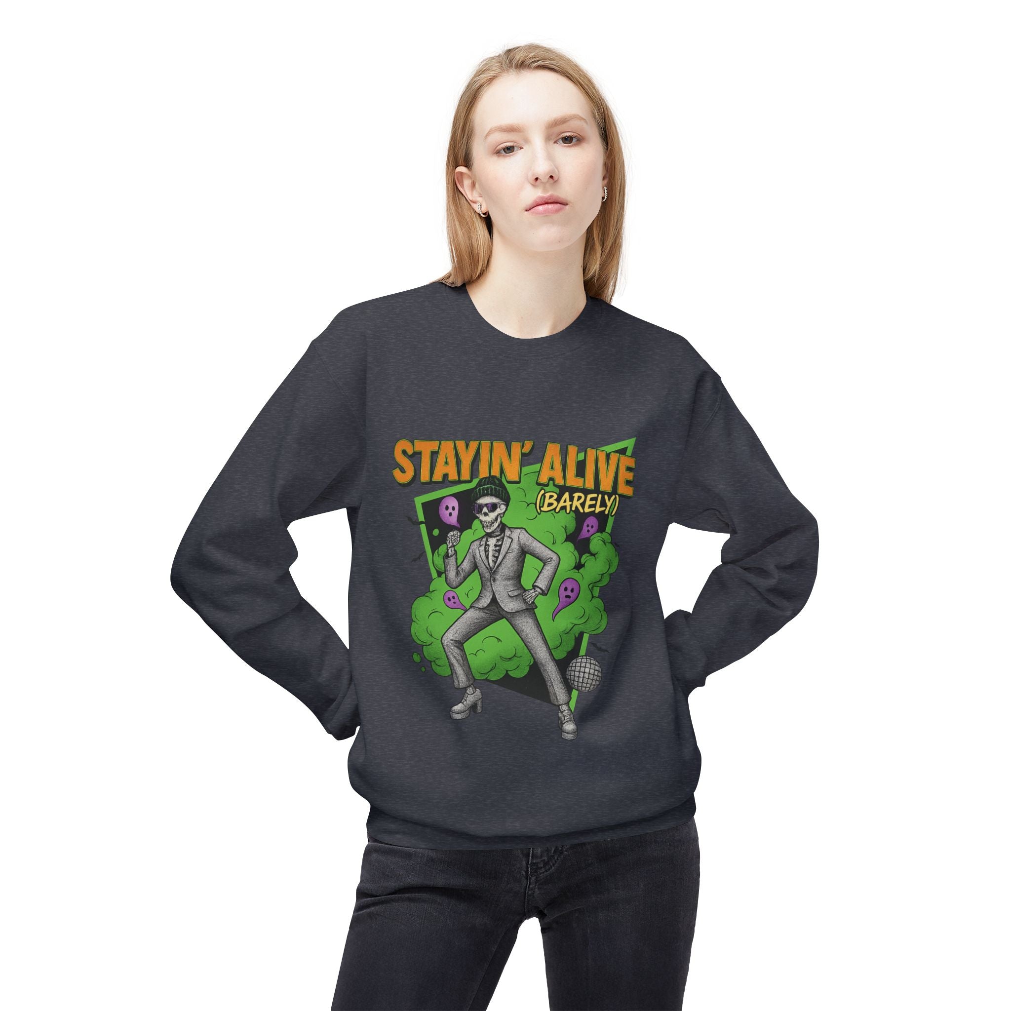 Stayin’ Alive (Barely) 2 - Crewneck Unisex Sweatshirt - Cozy Halloween Apparel