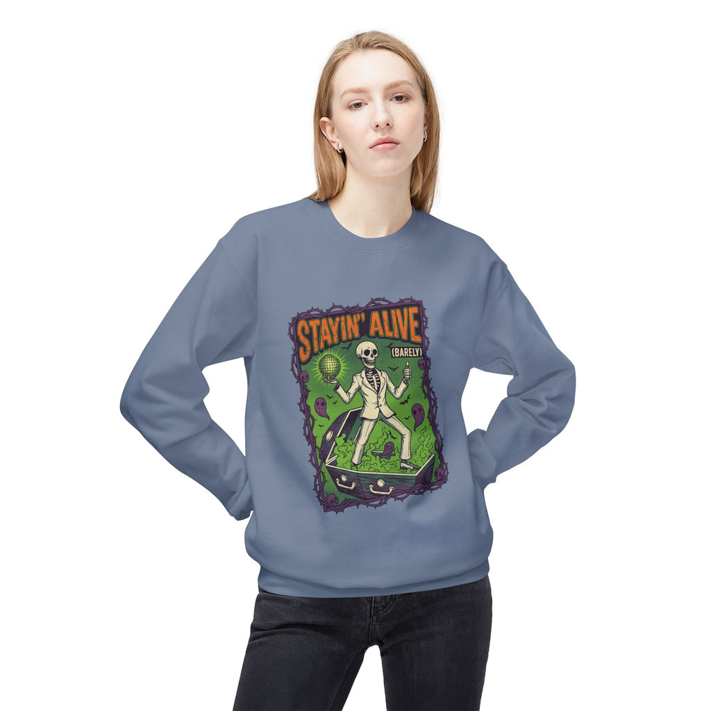Stayin’ Alive (Barely) 1 - Crewneck Unisex Sweatshirt - Cozy Halloween Apparel