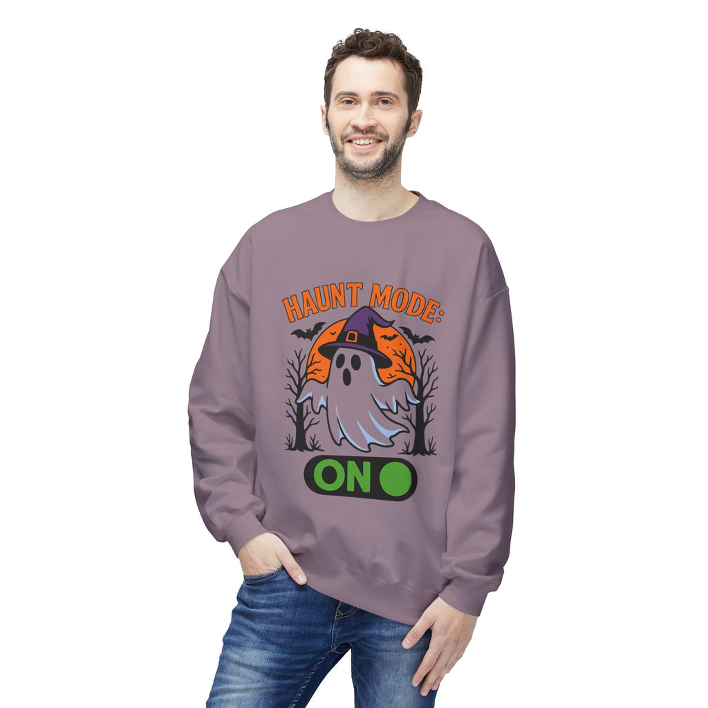 Haunt Mode ON 3_White - Crewneck Unisex Sweatshirt - Cozy Halloween Apparel