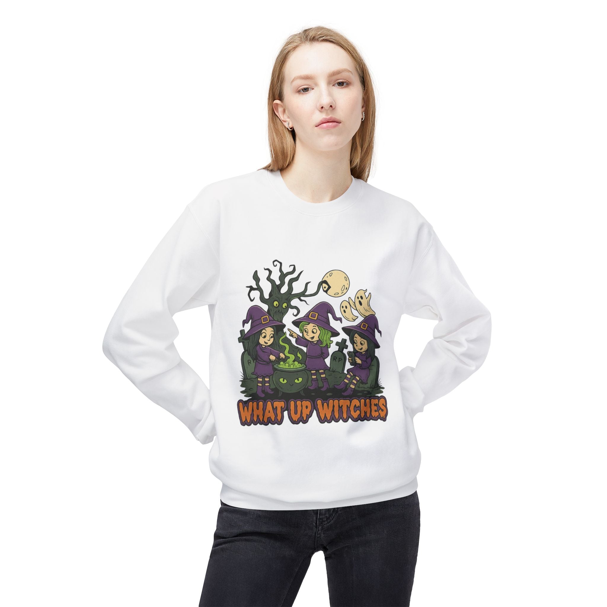 What Up Witches 2.1 - Crewneck Unisex Sweatshirt - Cozy Halloween Apparel
