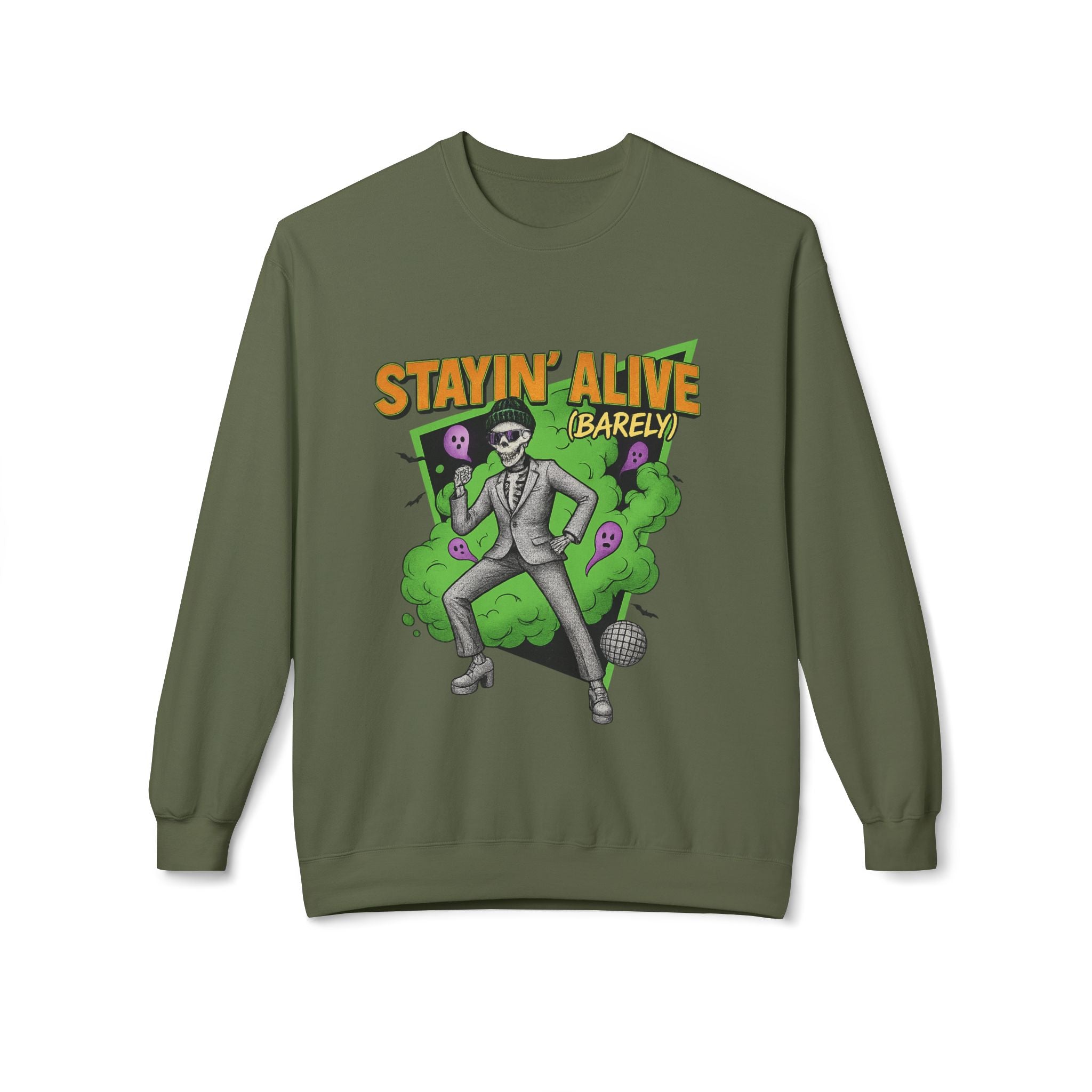Stayin’ Alive (Barely) 2 - Crewneck Unisex Sweatshirt - Cozy Halloween Apparel