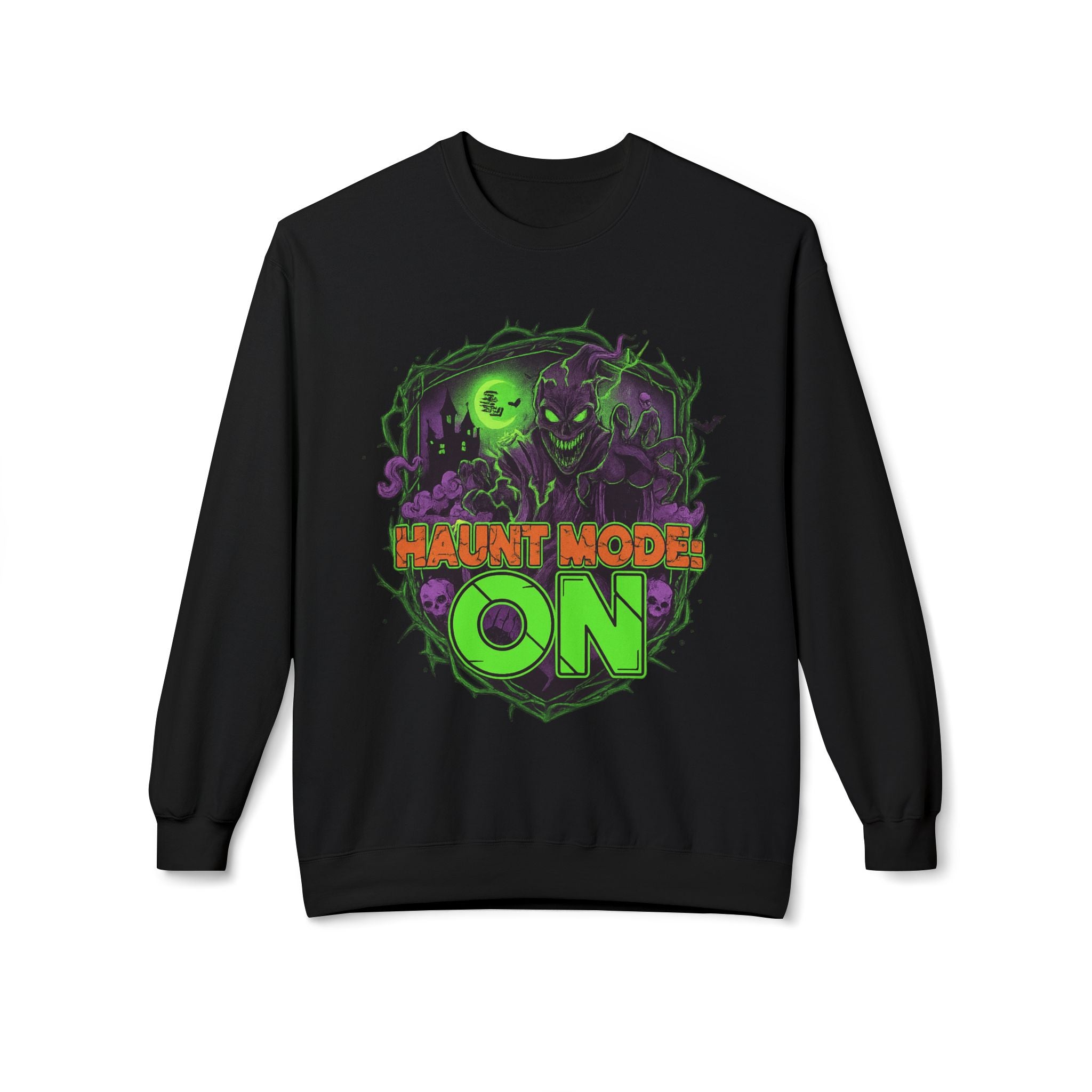 Haunt Mode ON 1 - Crewneck Unisex Sweatshirt - Cozy Halloween Apparel