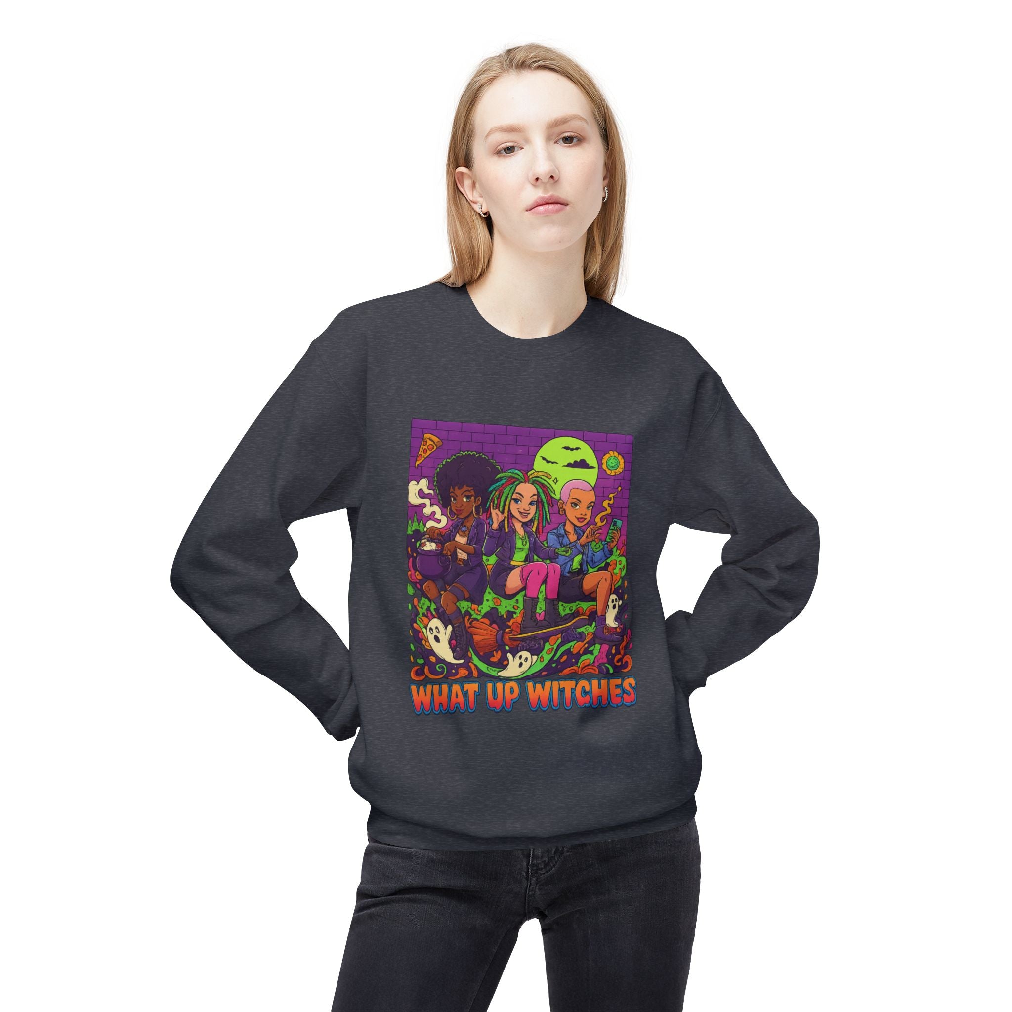What Up Witches 1 - Crewneck Unisex Sweatshirt - Cozy Halloween Apparel