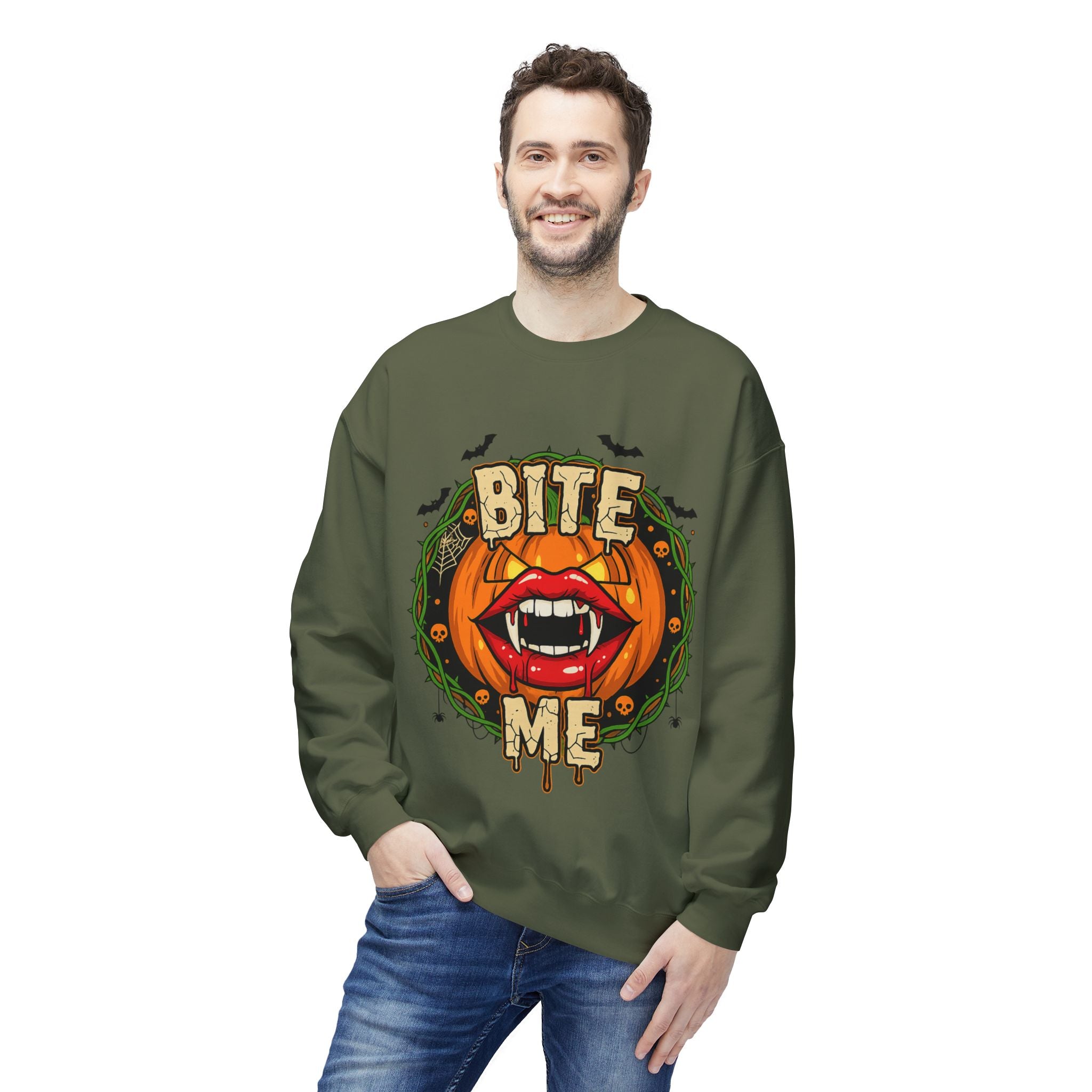 Bite Me 1 - Gothic Witch Crewneck Unisex Sweatshirt - Cozy Halloween Apparel