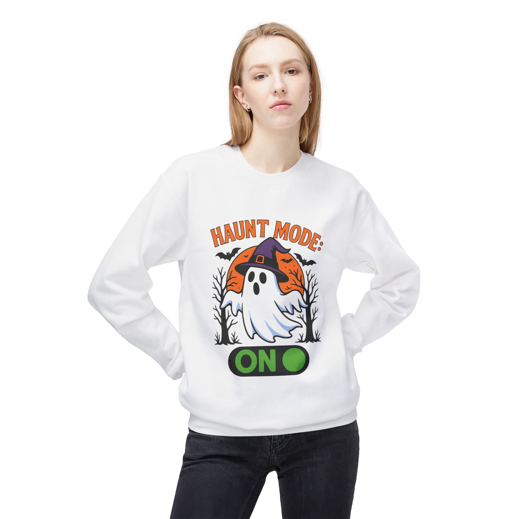 Haunt Mode ON 3_White - Crewneck Unisex Sweatshirt - Cozy Halloween Apparel