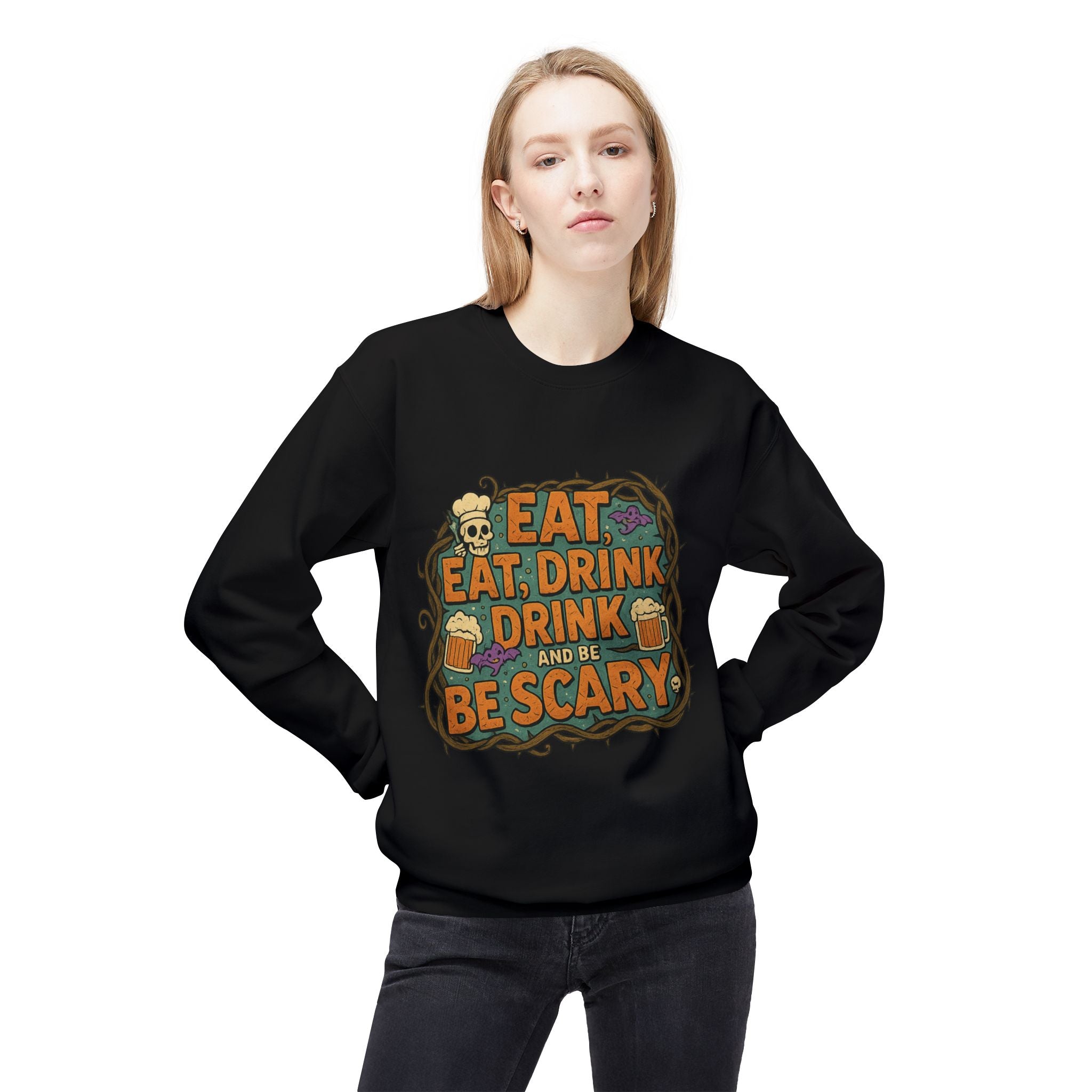 Eat, Drink, and Be Scary 2 - Crewneck Unisex Sweatshirt - Cozy Halloween Apparel