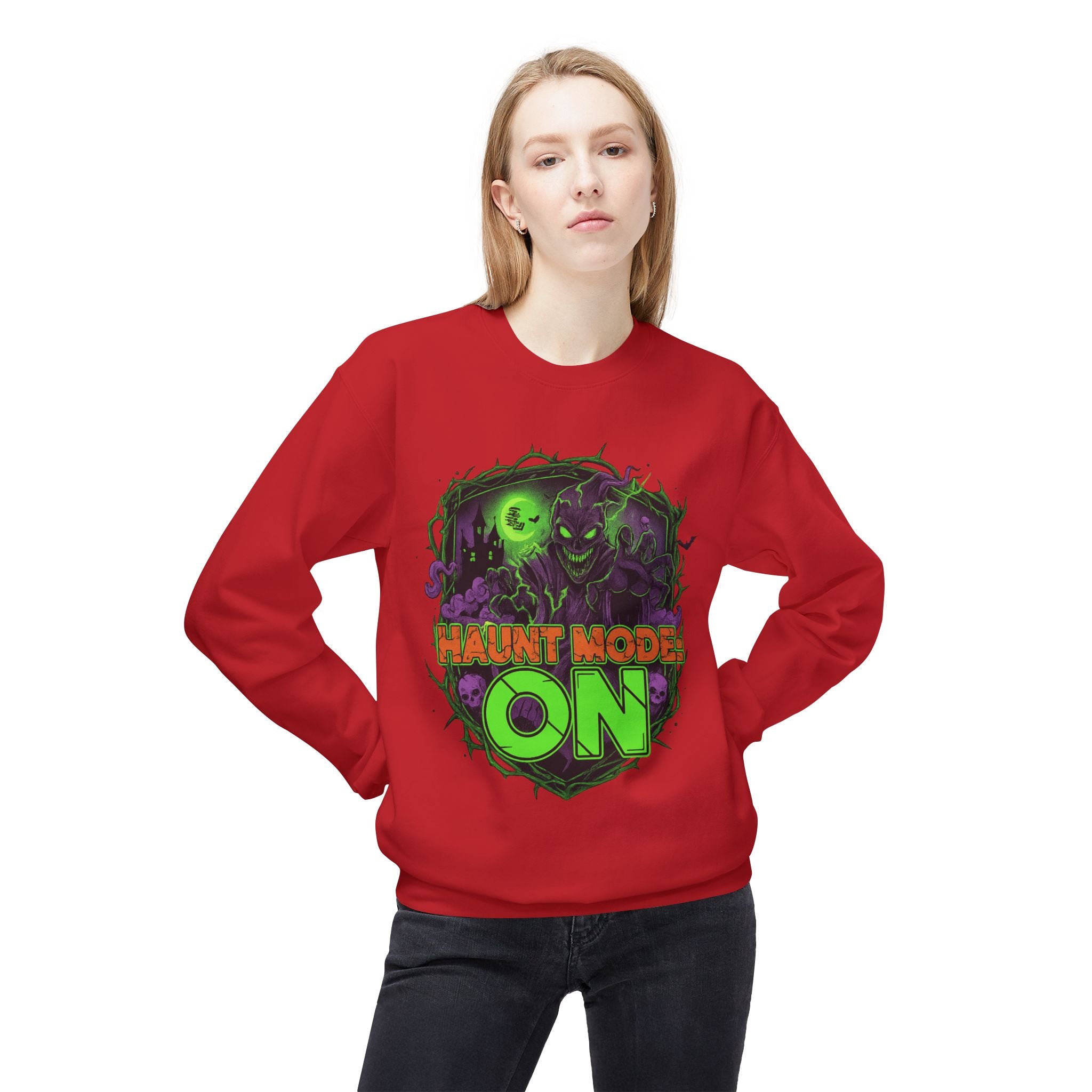 Haunt Mode ON 1 - Crewneck Unisex Sweatshirt - Cozy Halloween Apparel