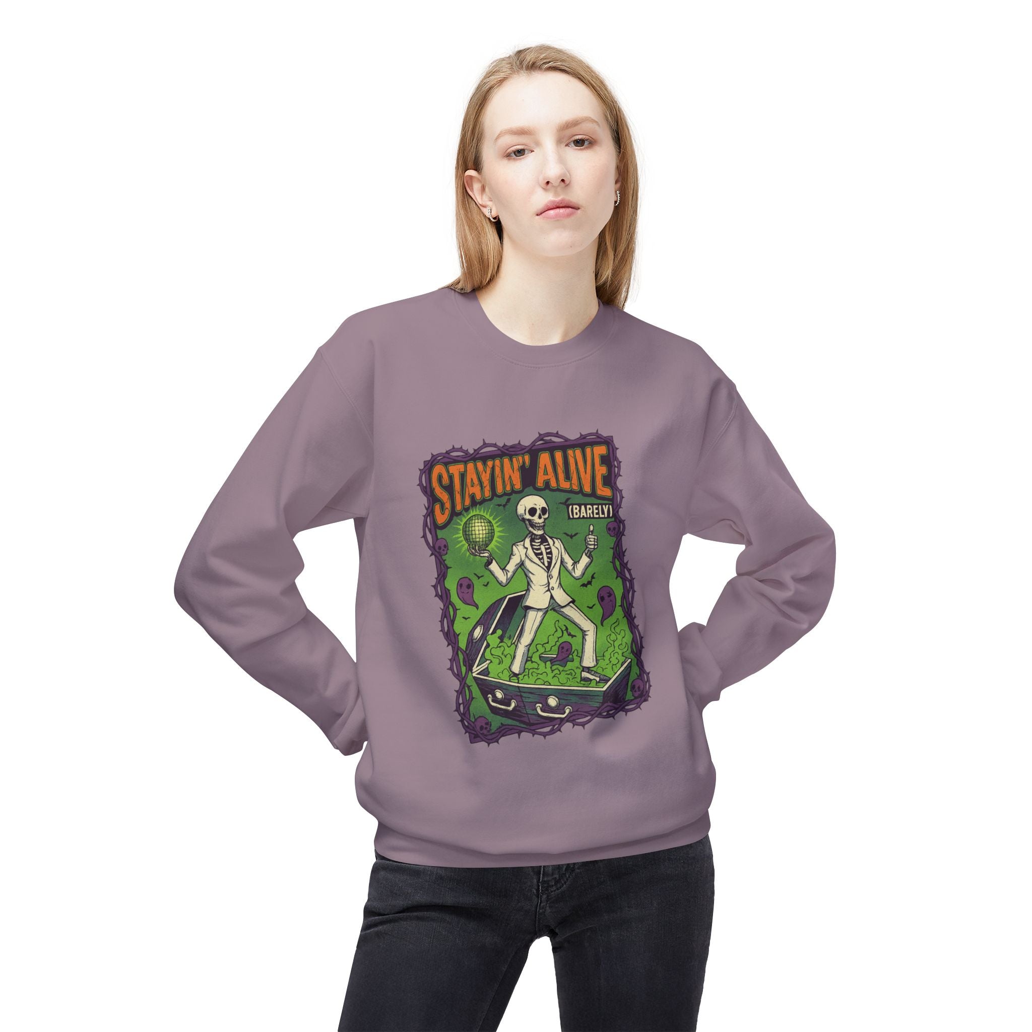 Stayin’ Alive (Barely) 1 - Crewneck Unisex Sweatshirt - Cozy Halloween Apparel