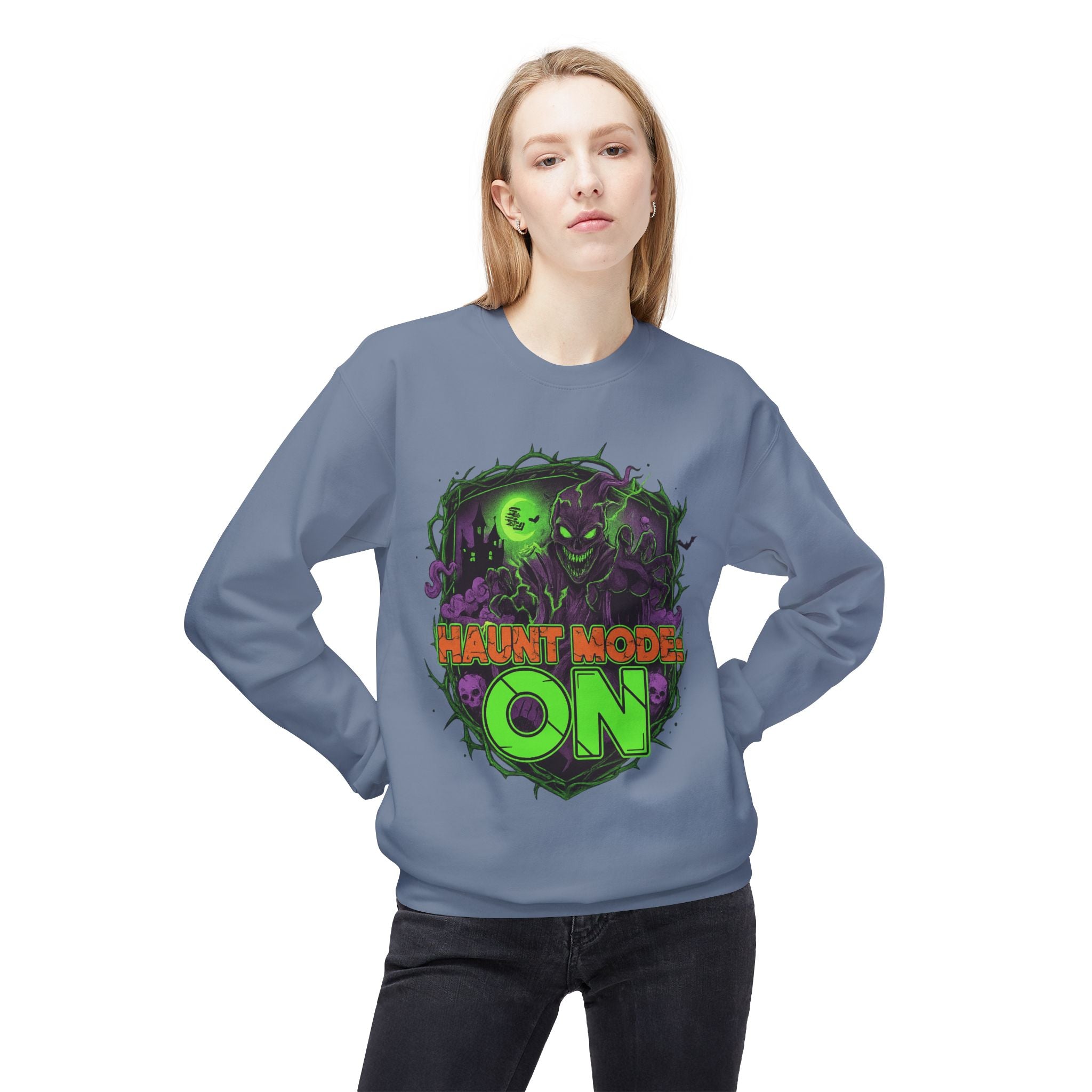 Haunt Mode ON 1 - Crewneck Unisex Sweatshirt - Cozy Halloween Apparel