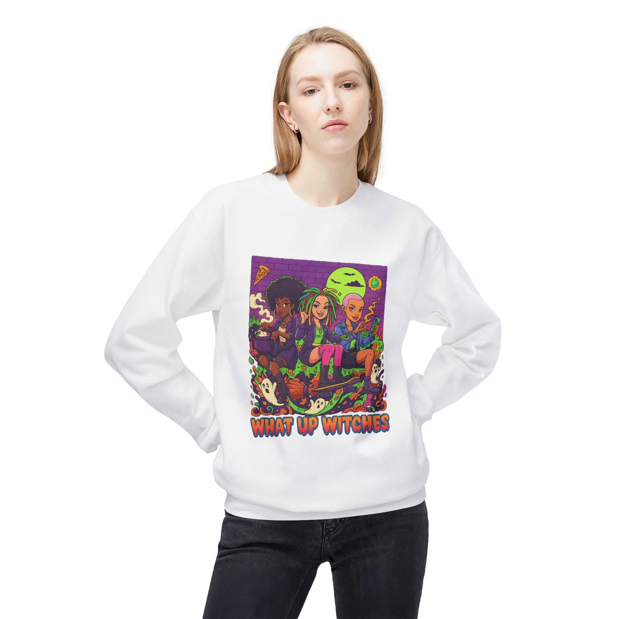 What Up Witches 1 - Crewneck Unisex Sweatshirt - Cozy Halloween Apparel