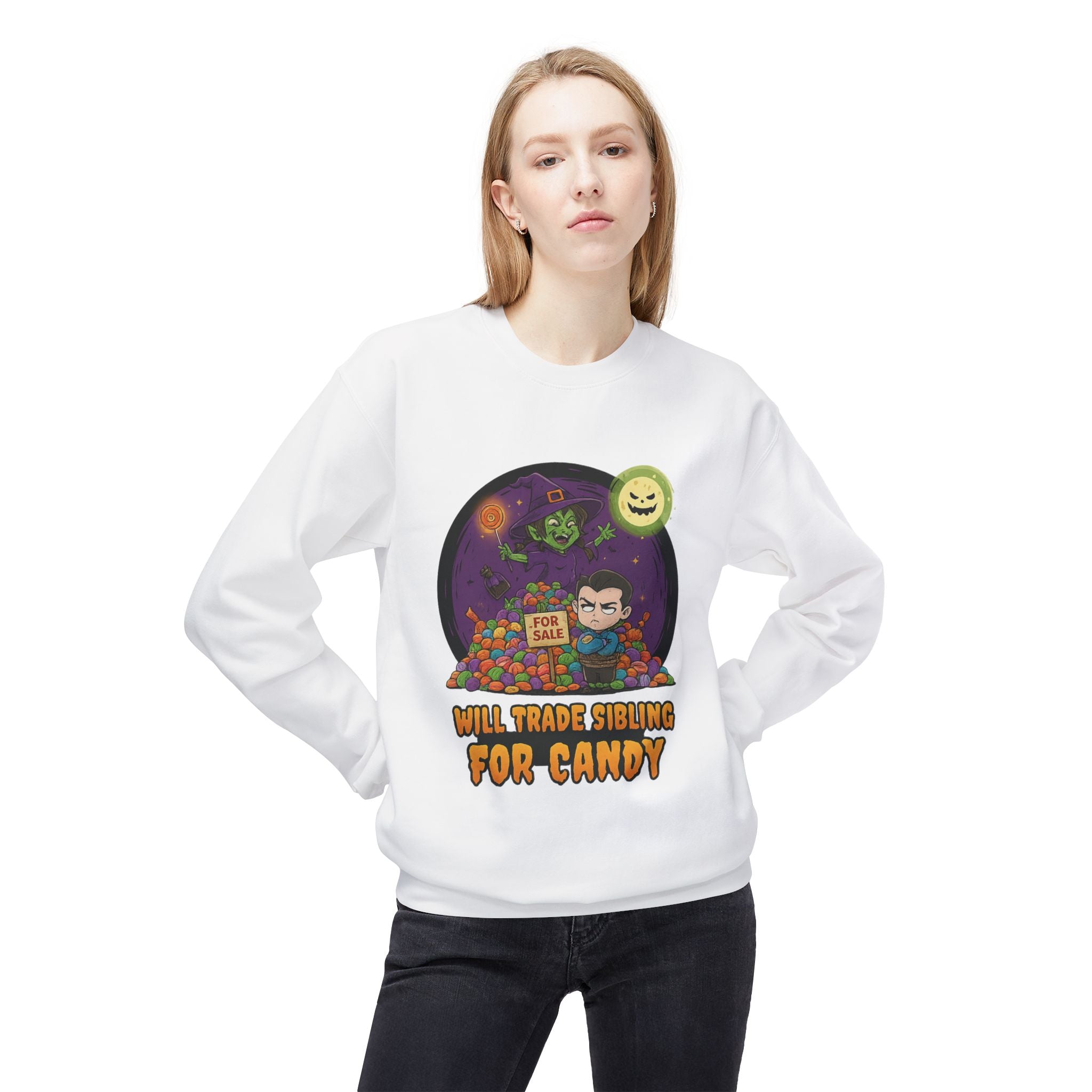 Will Trade Sibling for Candy 2 - Crewneck Unisex Sweatshirt - Cozy Halloween Apparel