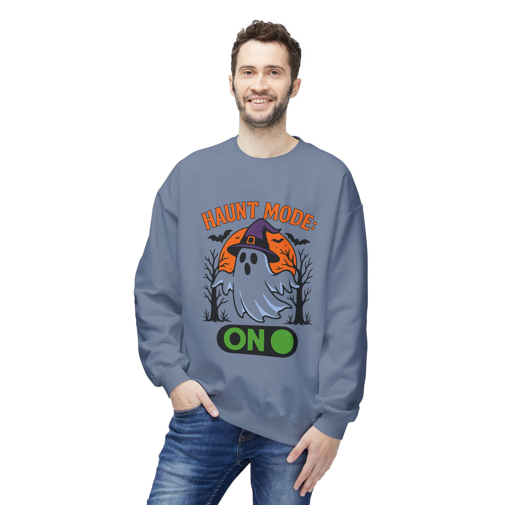 Haunt Mode ON 3_White - Crewneck Unisex Sweatshirt - Cozy Halloween Apparel