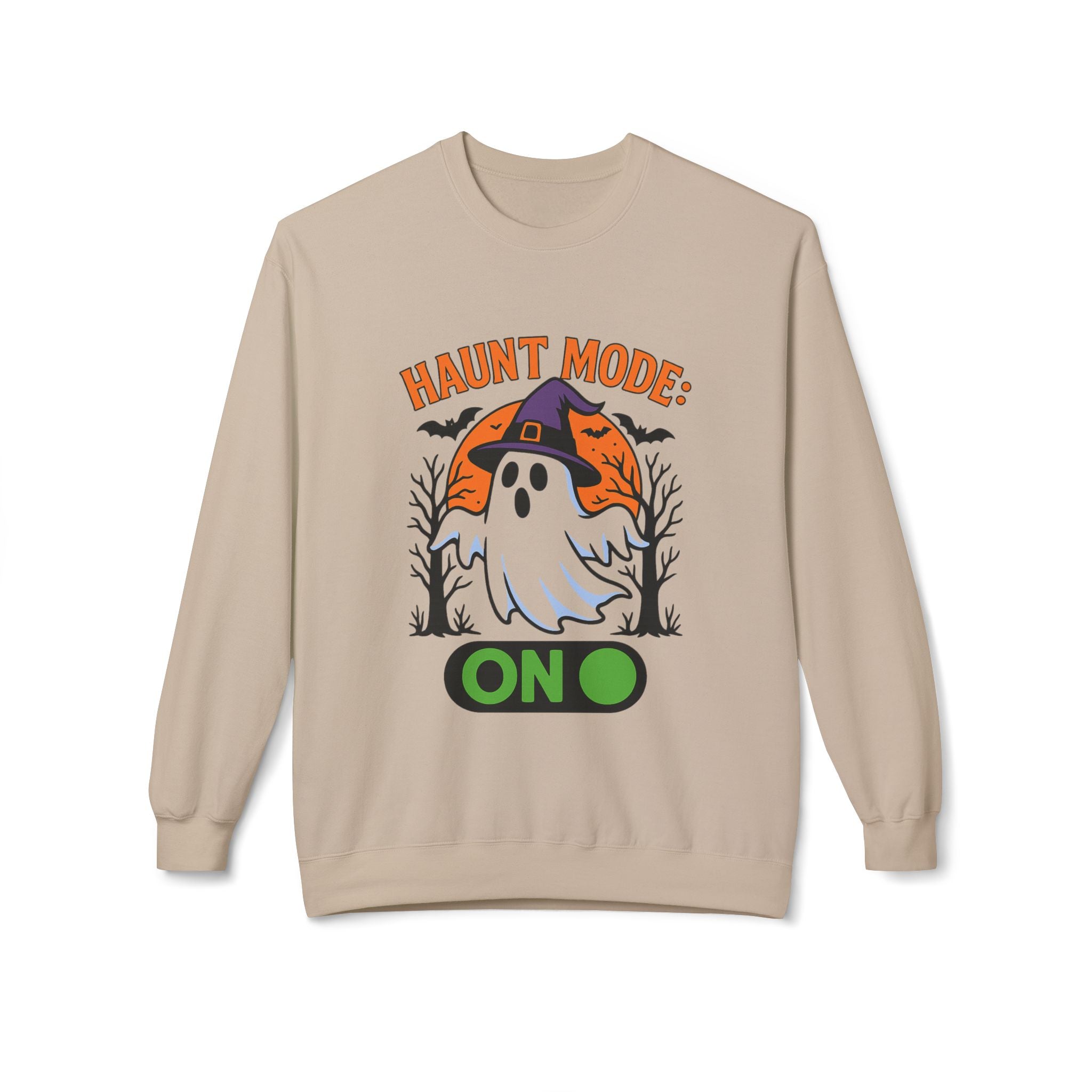 Haunt Mode ON 3_White - Crewneck Unisex Sweatshirt - Cozy Halloween Apparel