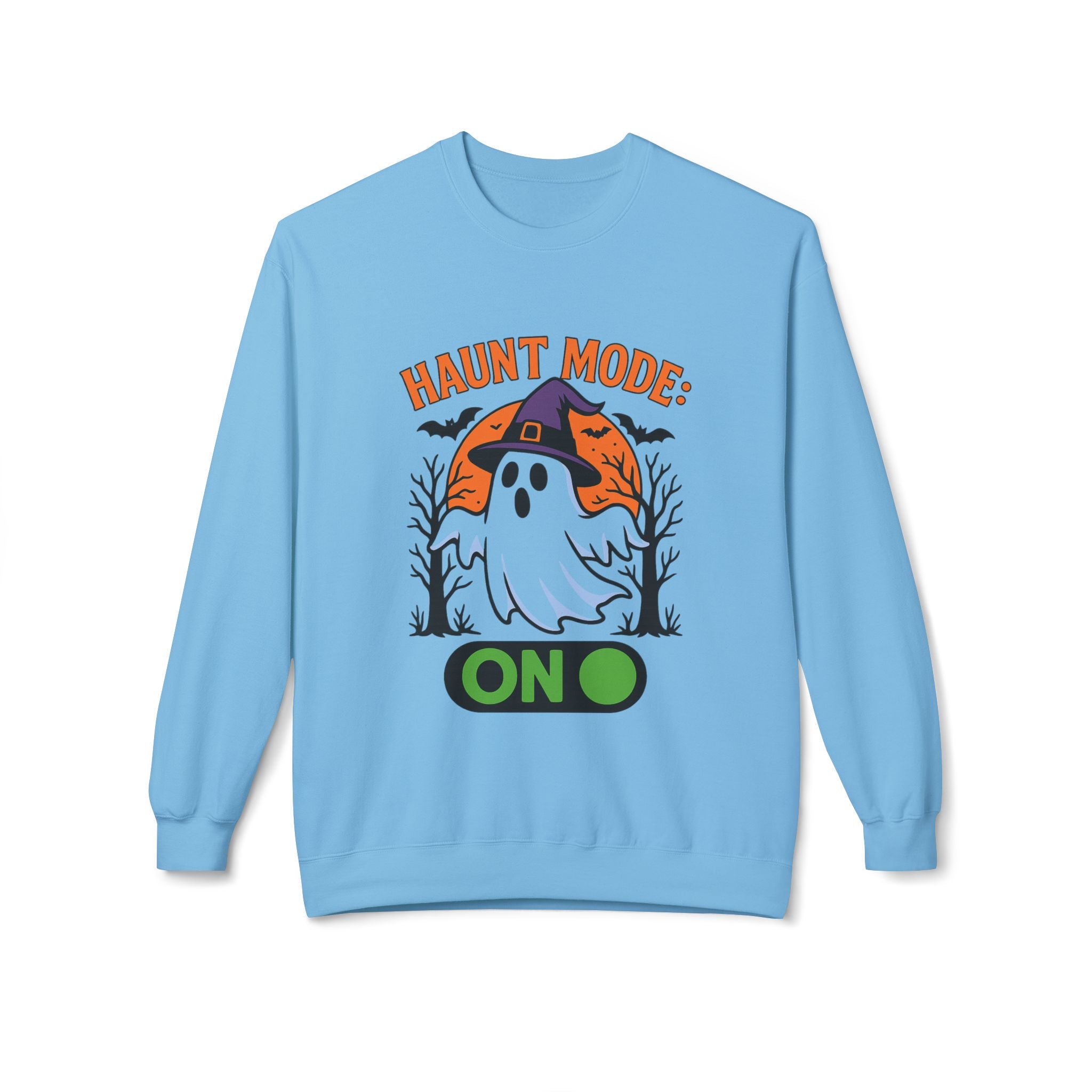 Haunt Mode ON 3_White - Crewneck Unisex Sweatshirt - Cozy Halloween Apparel
