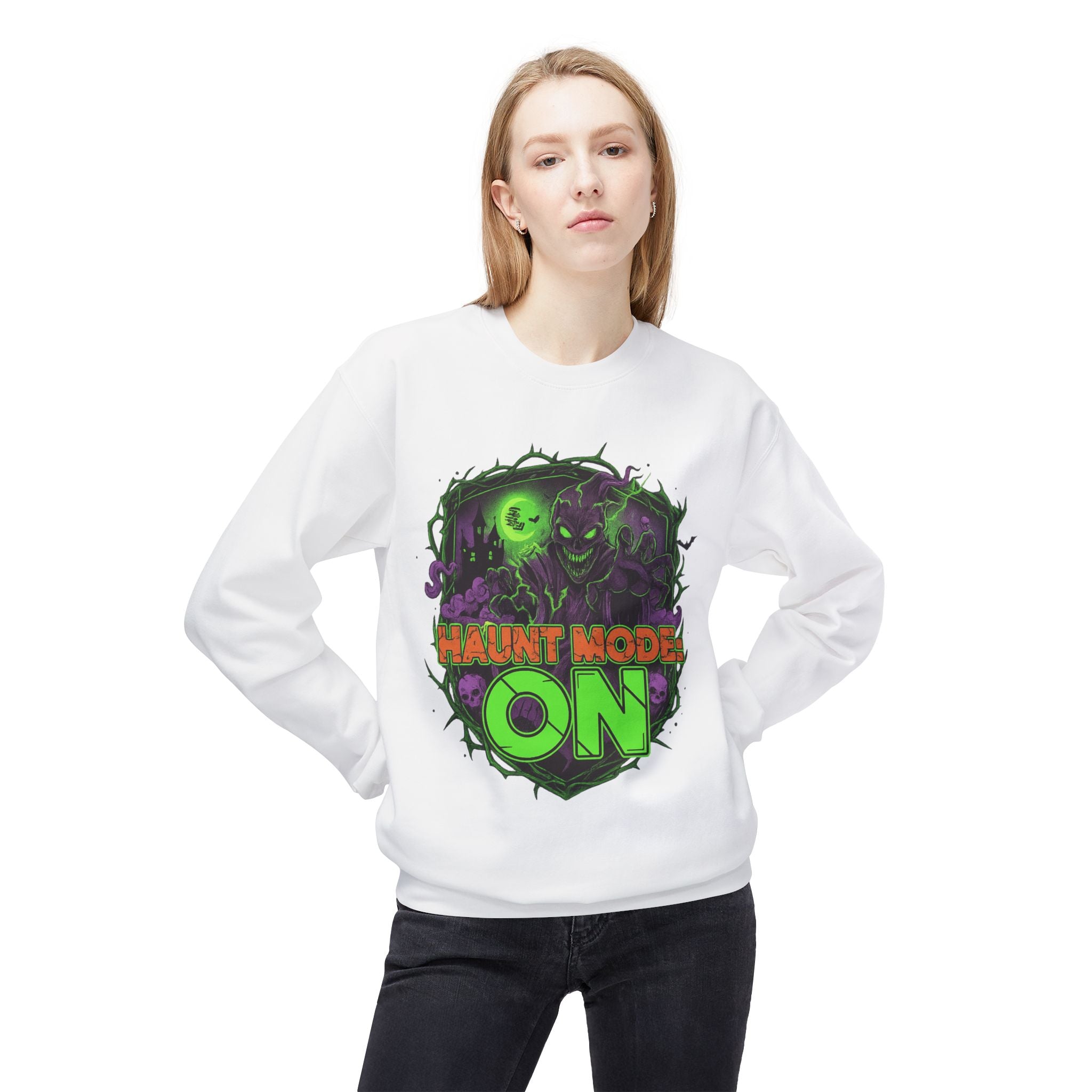 Haunt Mode ON 1 - Crewneck Unisex Sweatshirt - Cozy Halloween Apparel