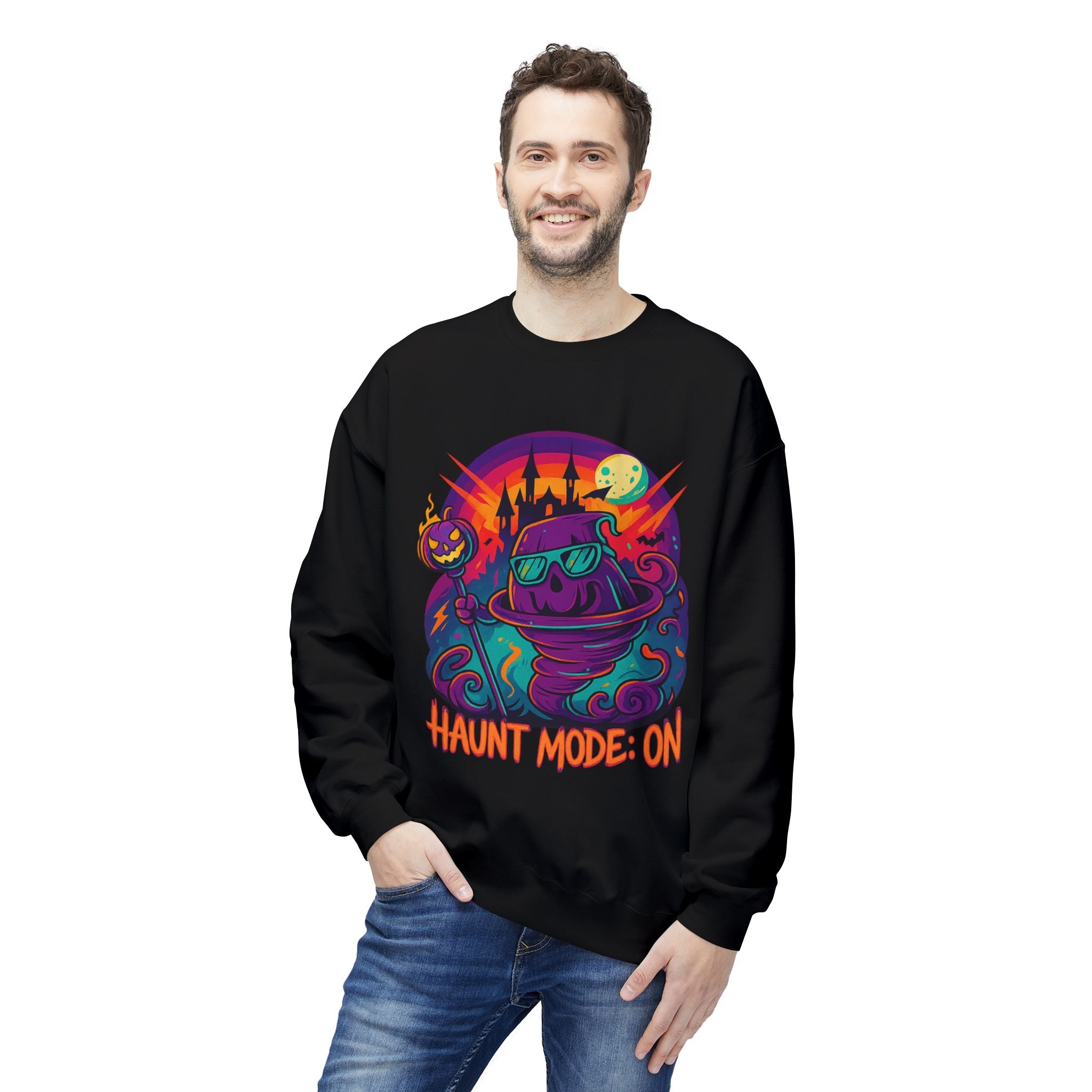 Haunt Mode ON 4 - Crewneck Unisex Sweatshirt - Cozy Halloween Apparel