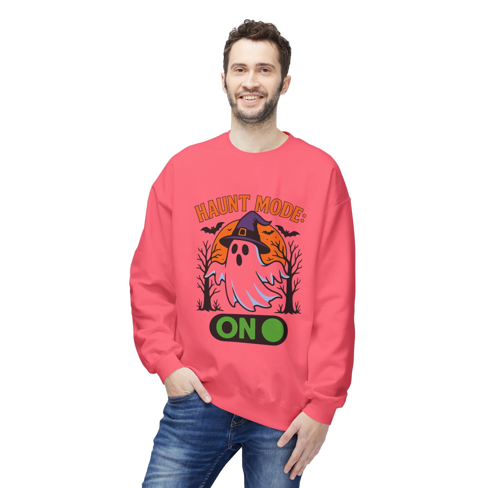 Haunt Mode ON 3_White - Crewneck Unisex Sweatshirt - Cozy Halloween Apparel