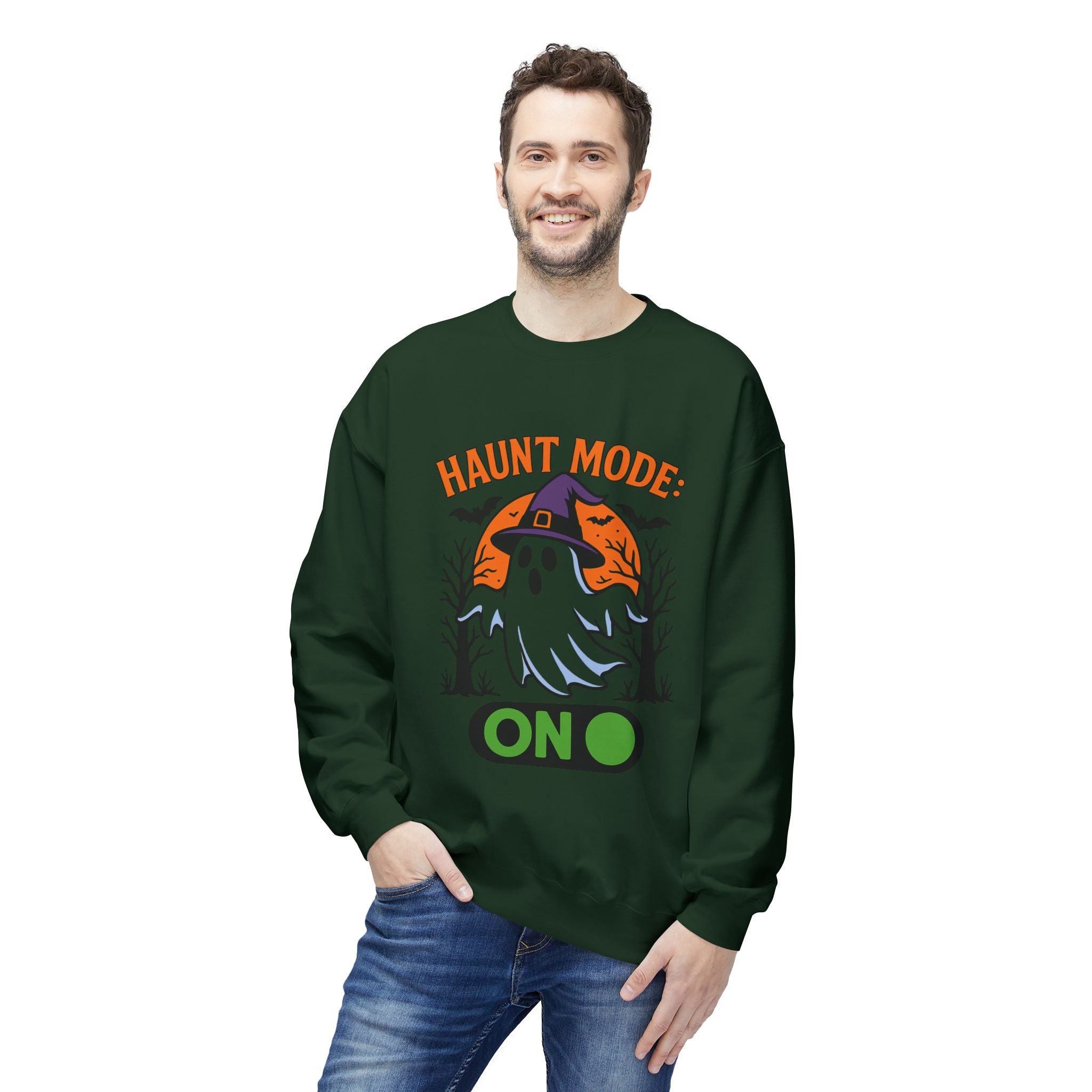 Haunt Mode ON 3_White - Crewneck Unisex Sweatshirt - Cozy Halloween Apparel